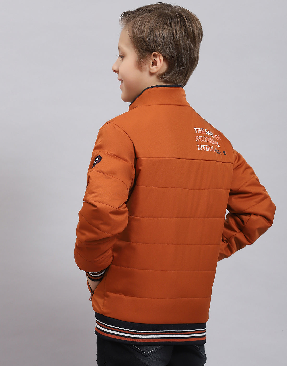 Boys Rust Solid Stand Collar Full Sleeve Boys Jacket
