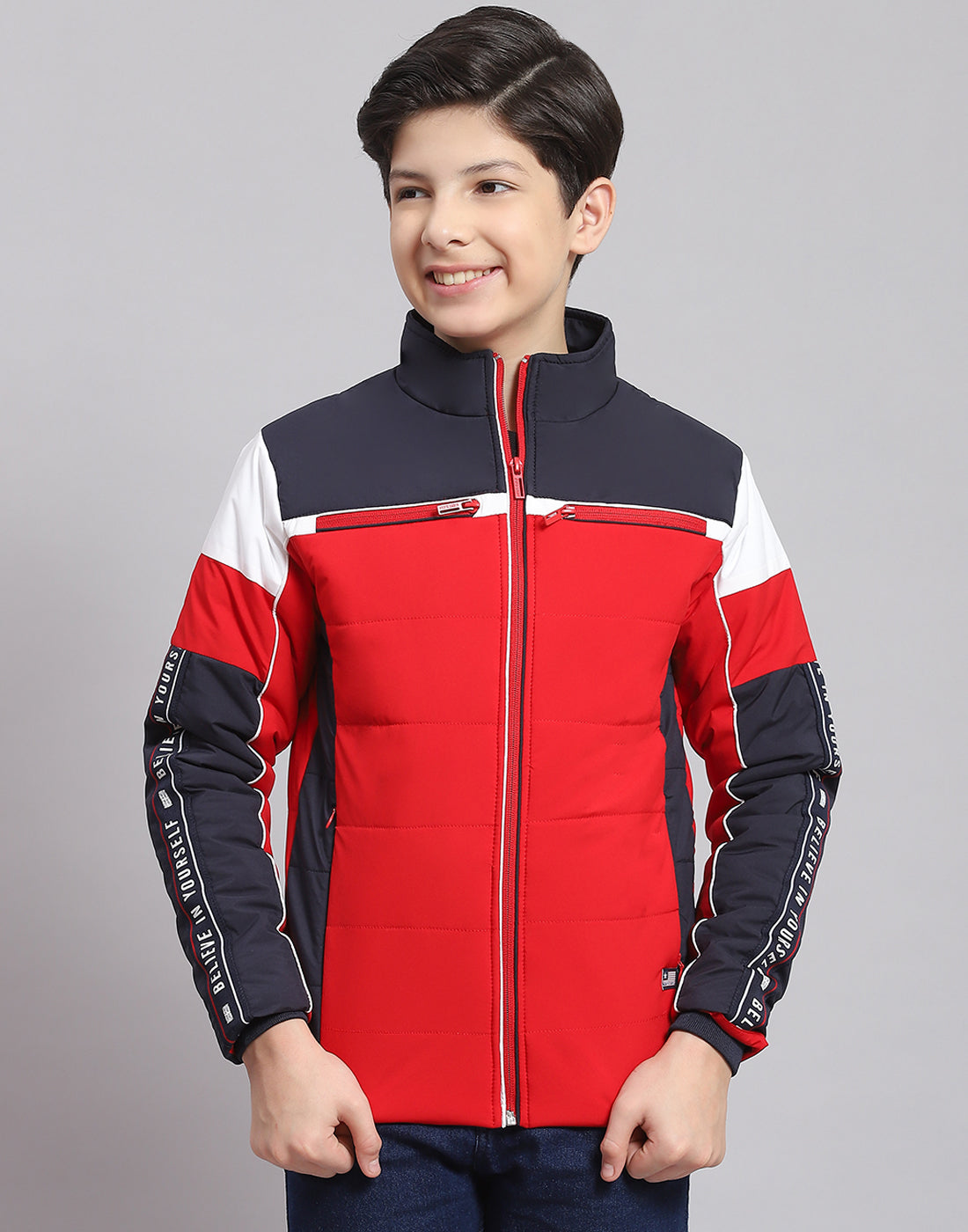 Boys Red Solid Stand Collar Full Sleeve Boys Jacket