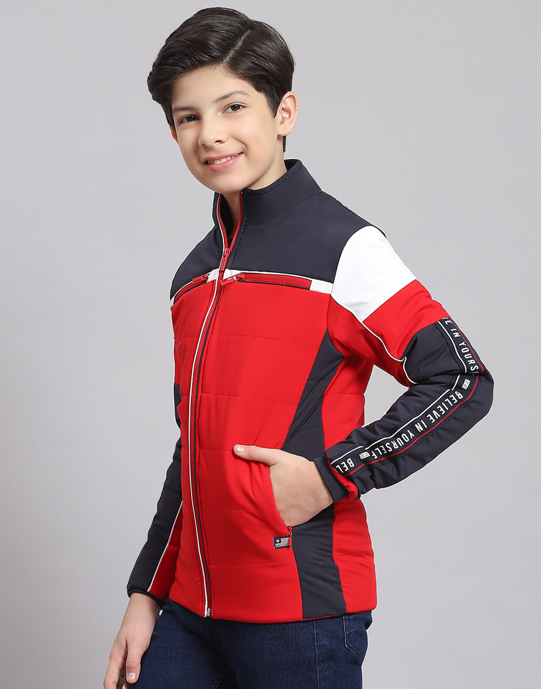 Boys Red Solid Stand Collar Full Sleeve Boys Jacket