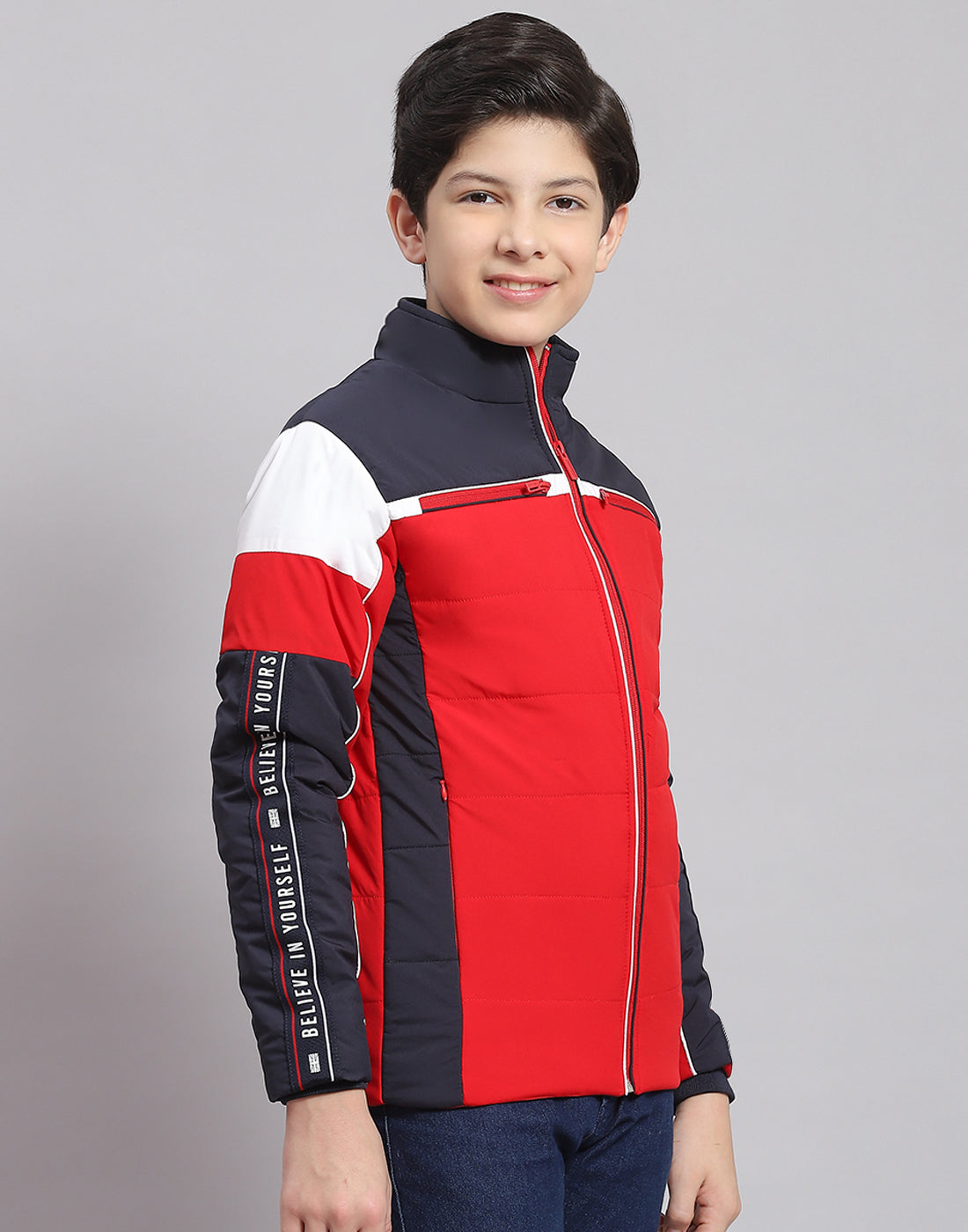 Boys Red Solid Stand Collar Full Sleeve Boys Jacket
