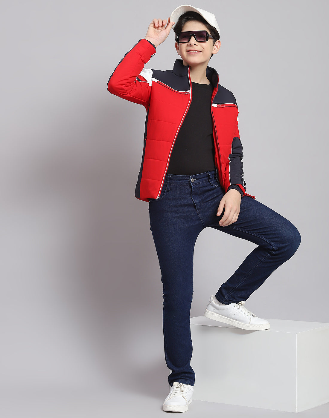 Boys Red Solid Stand Collar Full Sleeve Boys Jacket