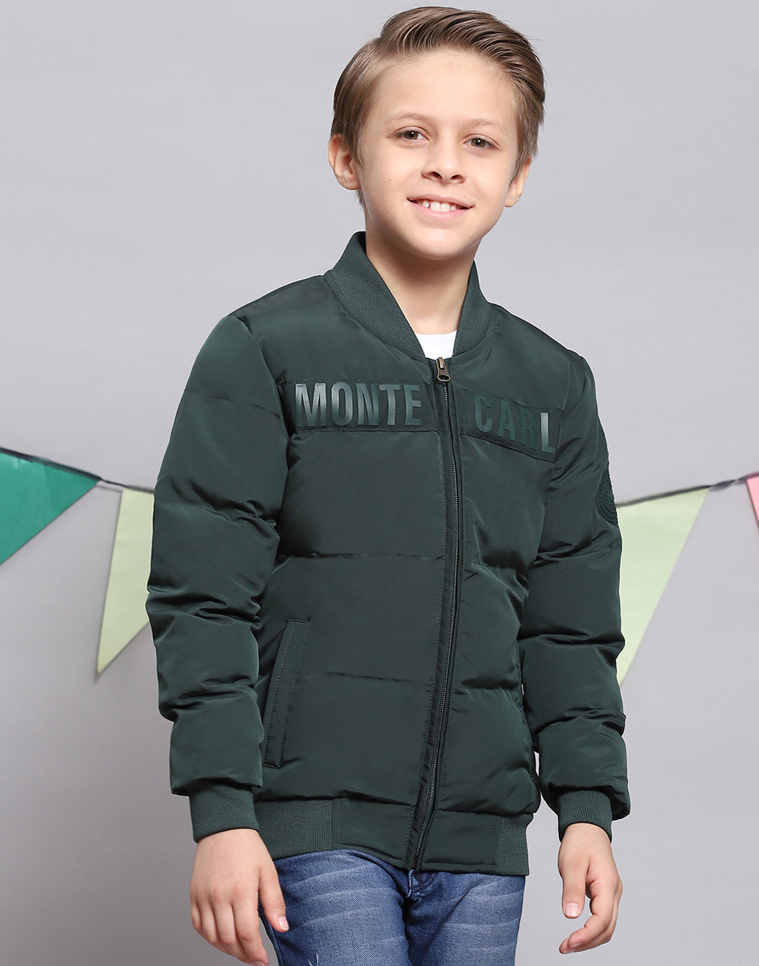 Boys Green Solid Stand Collar Full Sleeve Boys Jacket