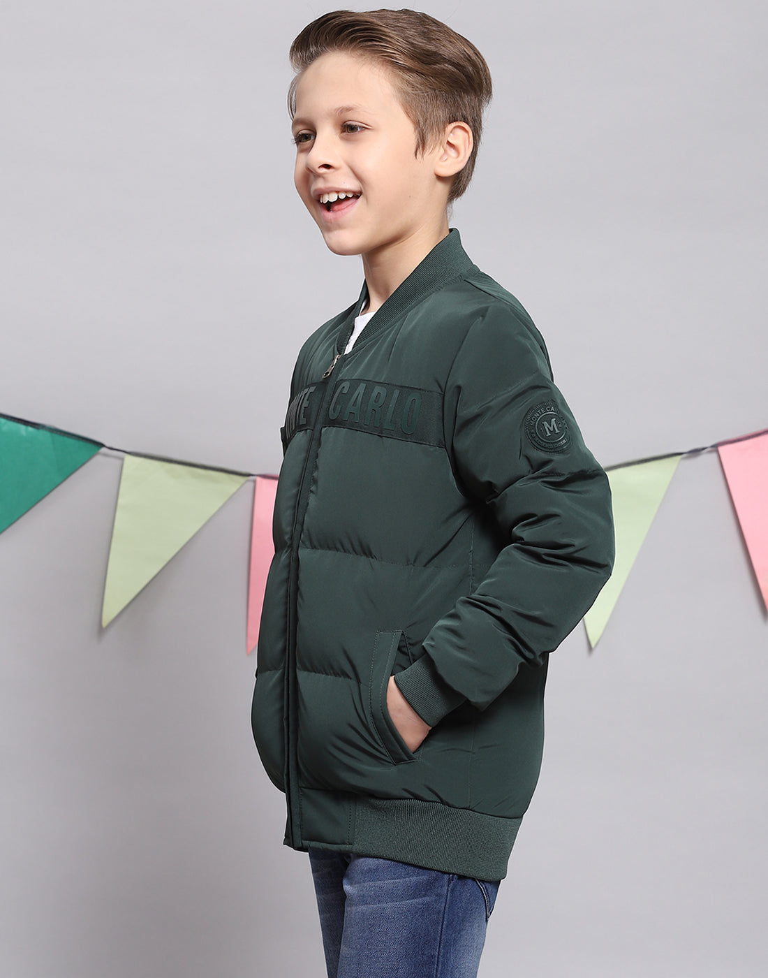 Boys Green Solid Stand Collar Full Sleeve Boys Jacket