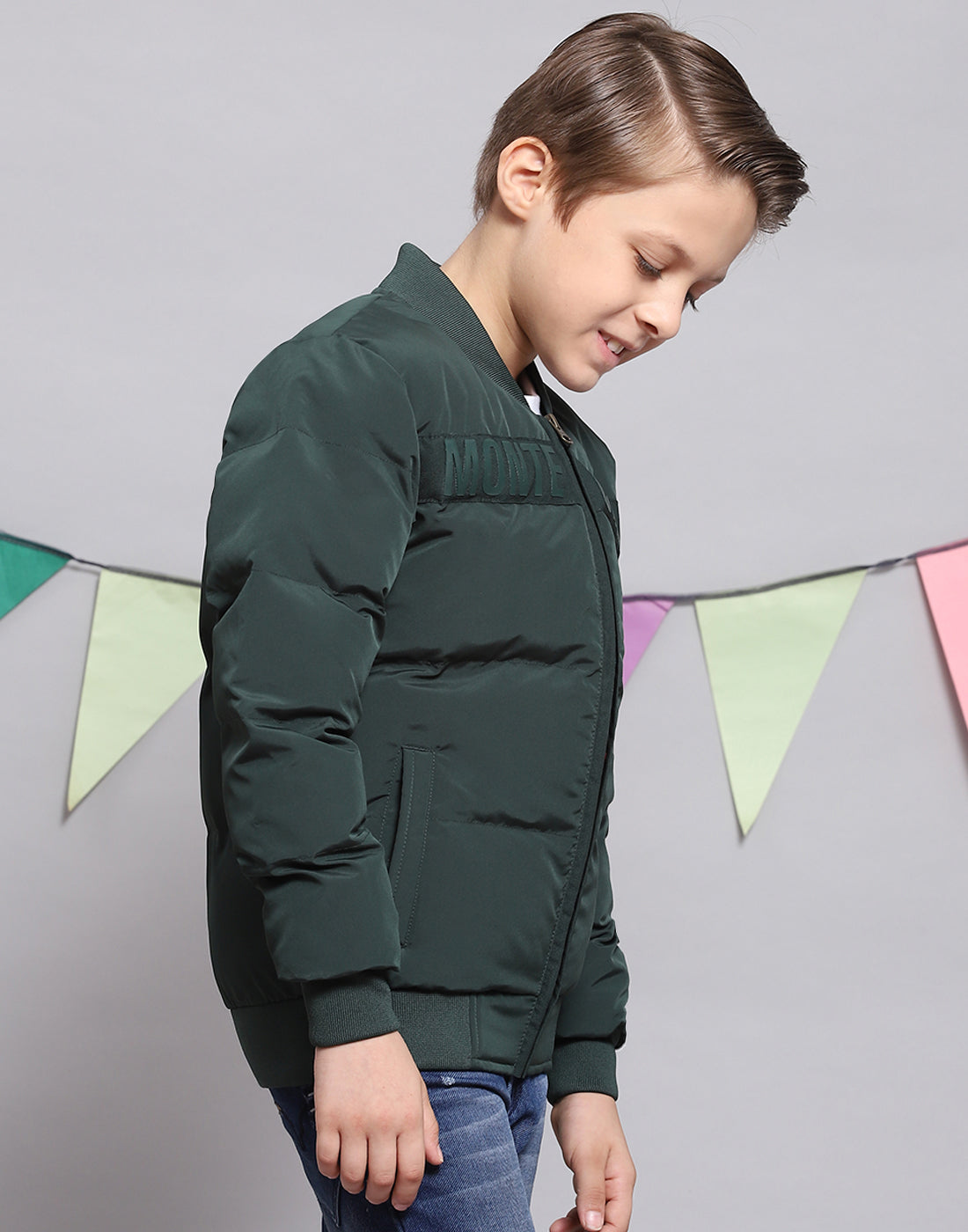 Boys Green Solid Stand Collar Full Sleeve Boys Jacket