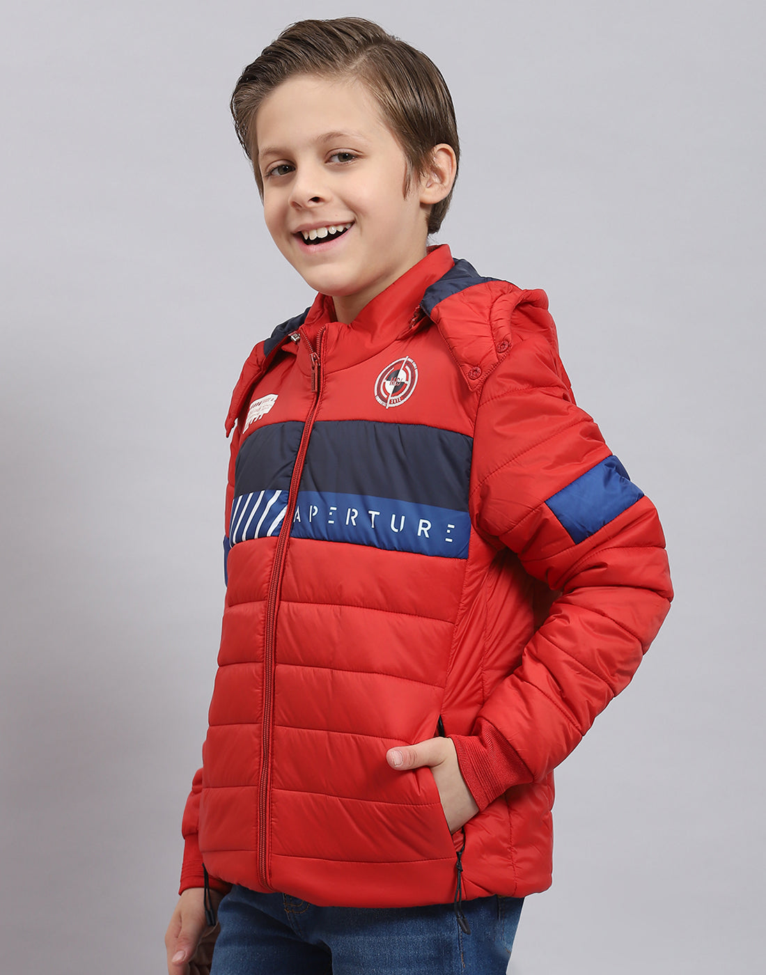 Boys Red Solid Hooded Full Sleeve Boys Jacket