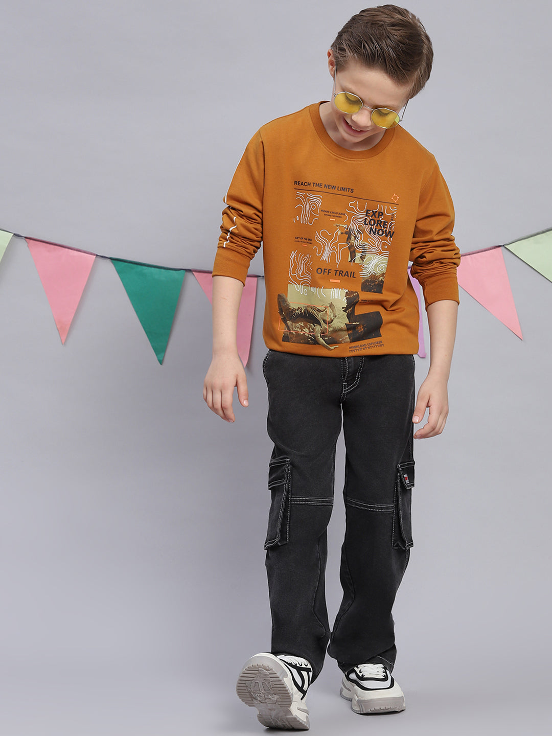 Boys Mustard Printed Round Neck Full Sleeve Sweatshirt