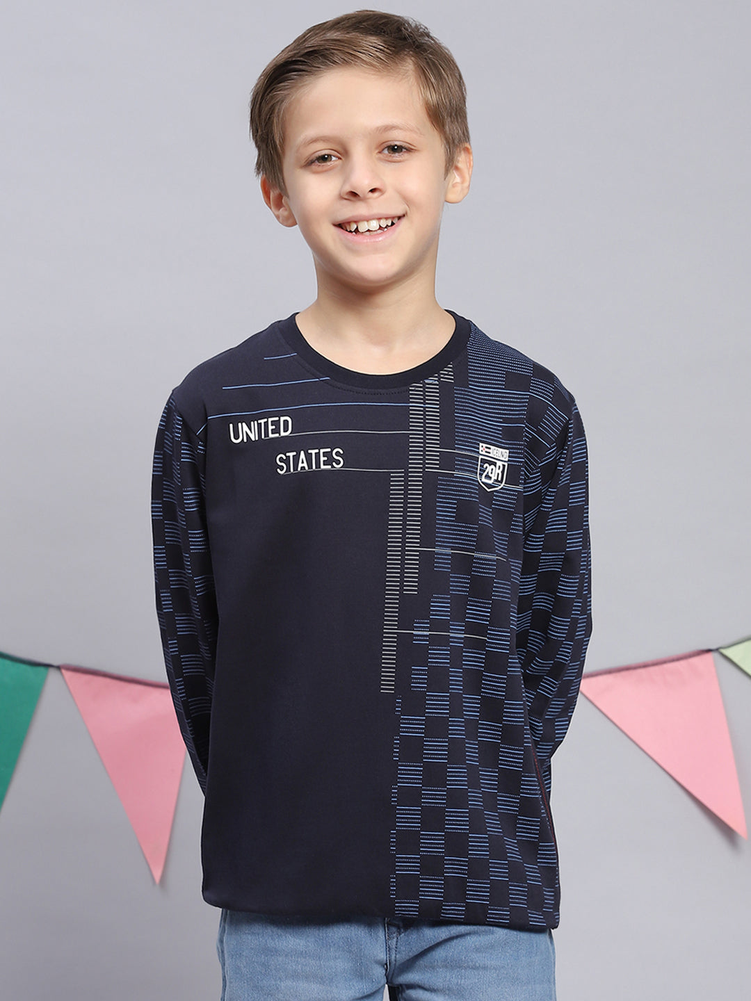 Boys Navy Blue Printed Round Neck Full Sleeve Sweatshirt