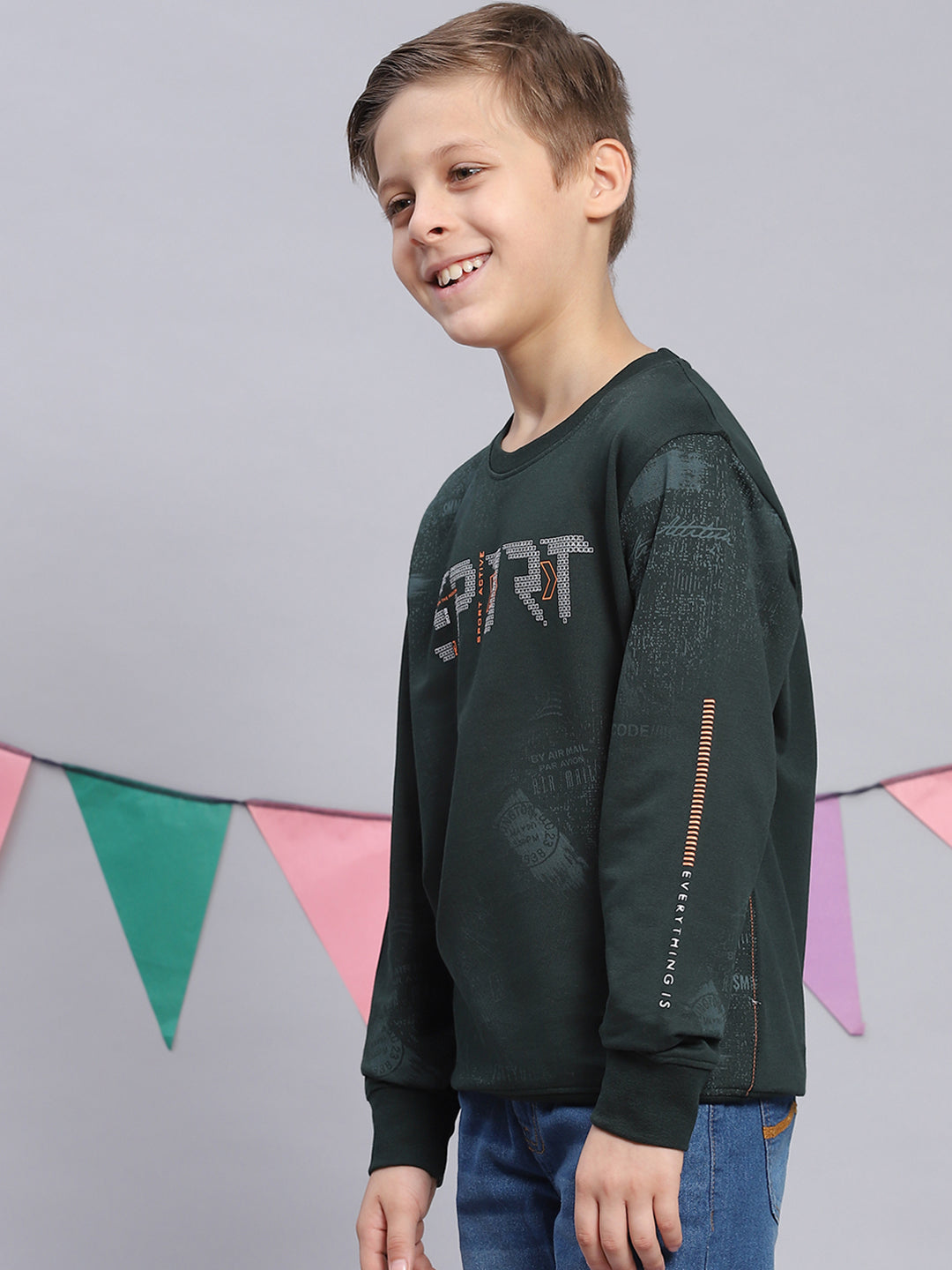 Boys Green Printed Round Neck Full Sleeve Sweatshirt