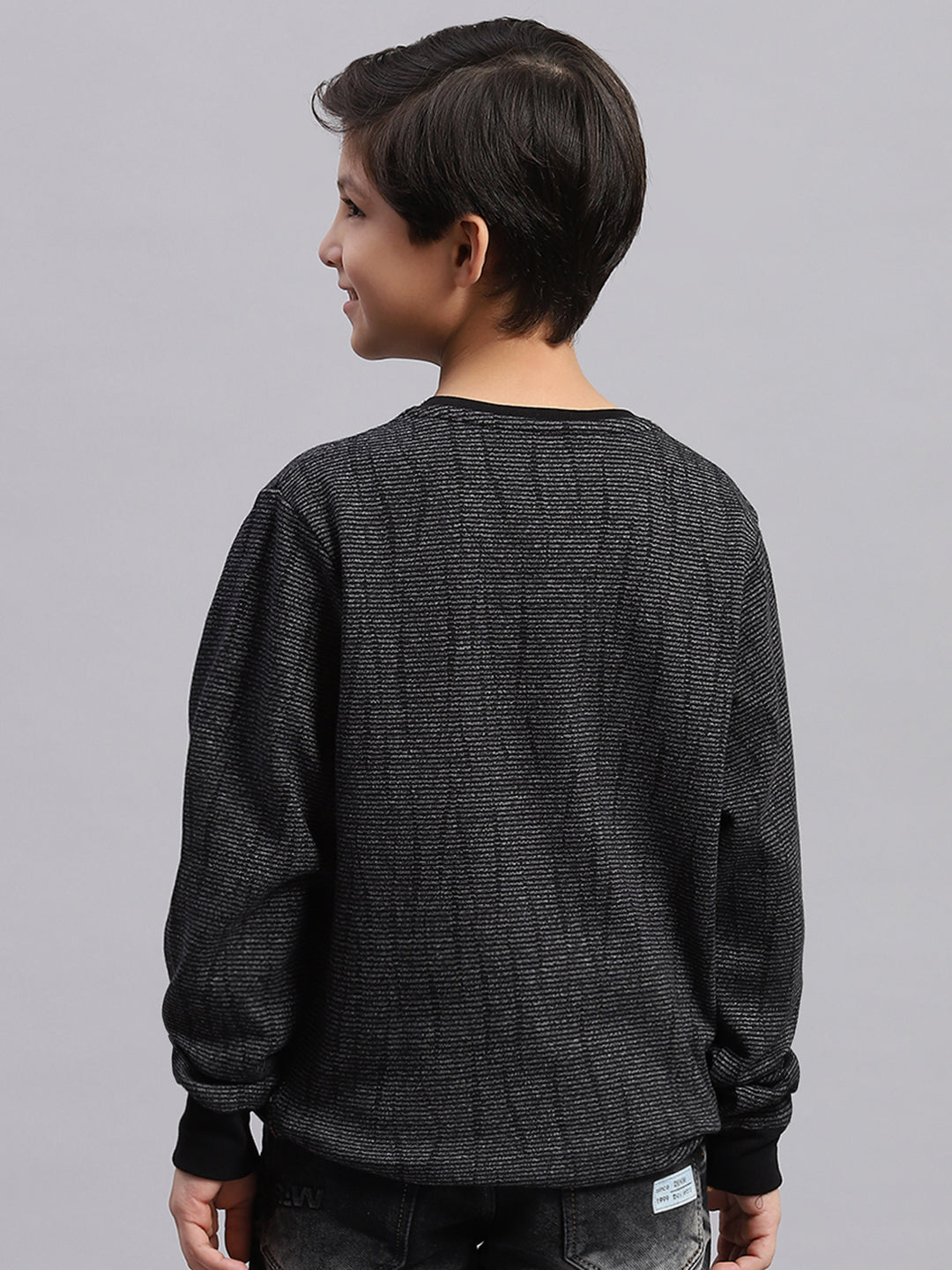 Boys Black Self Design Round Neck Full Sleeve Sweatshirt