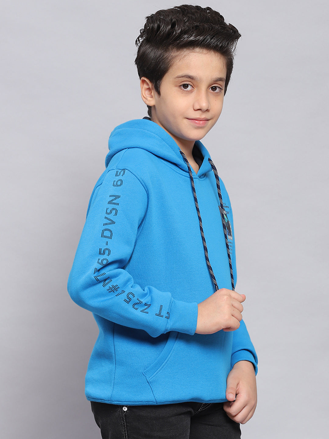 Boys Blue Printed Hooded Full Sleeve Sweatshirt