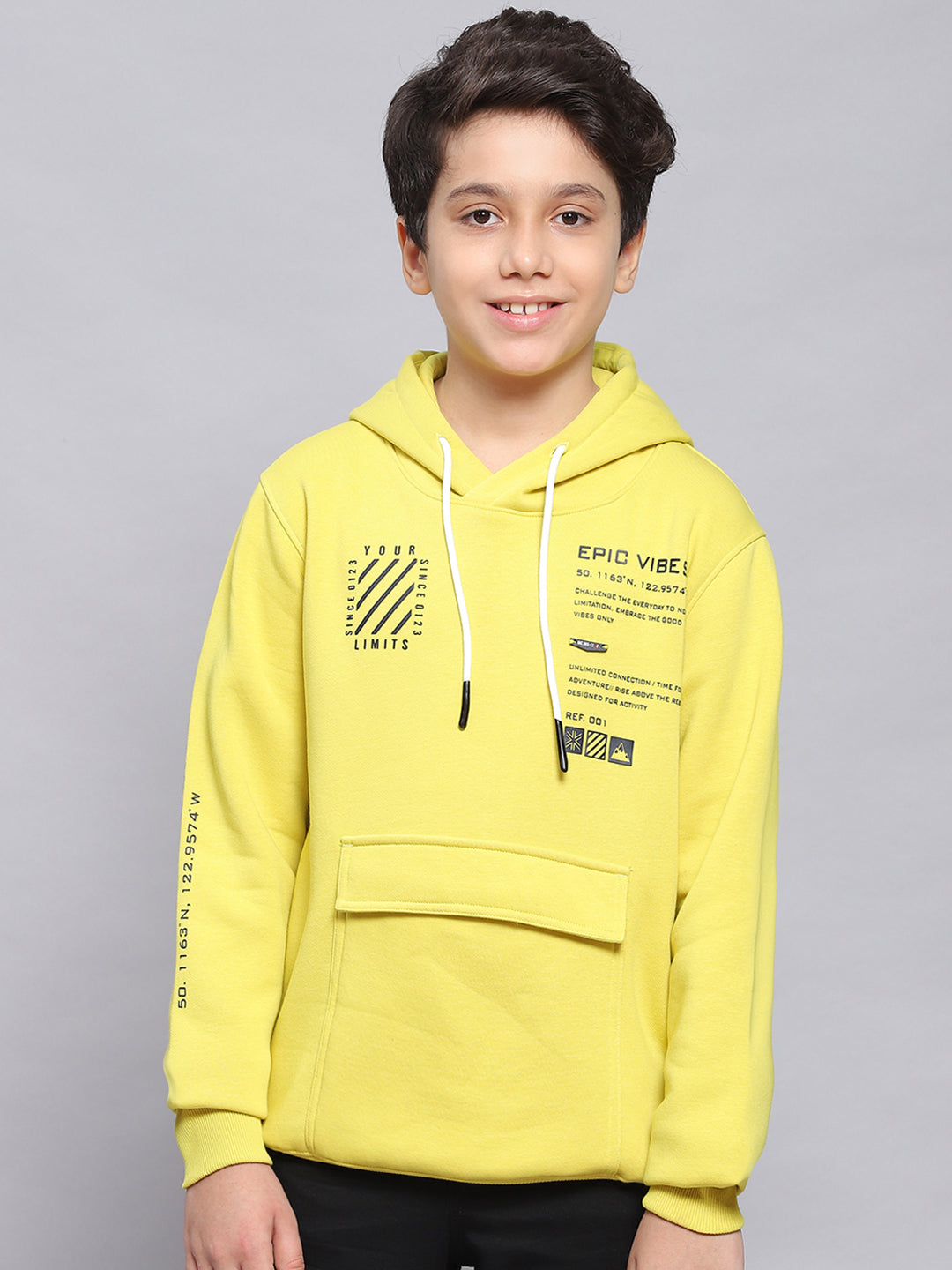Boys Yellow Printed Hooded Full Sleeve Sweatshirt