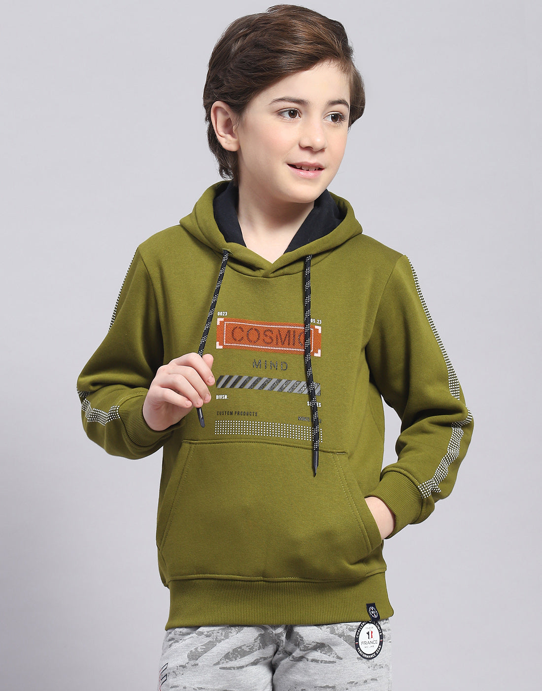 Boys Olive Printed Hooded Full Sleeve Sweatshirt