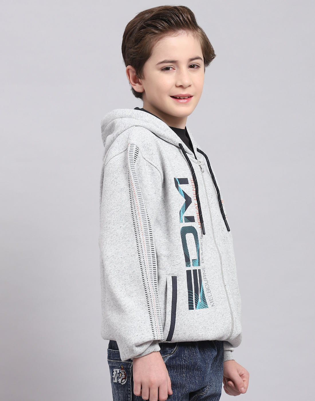Boys Grey Melange Printed Hooded Full Sleeve Sweatshirt