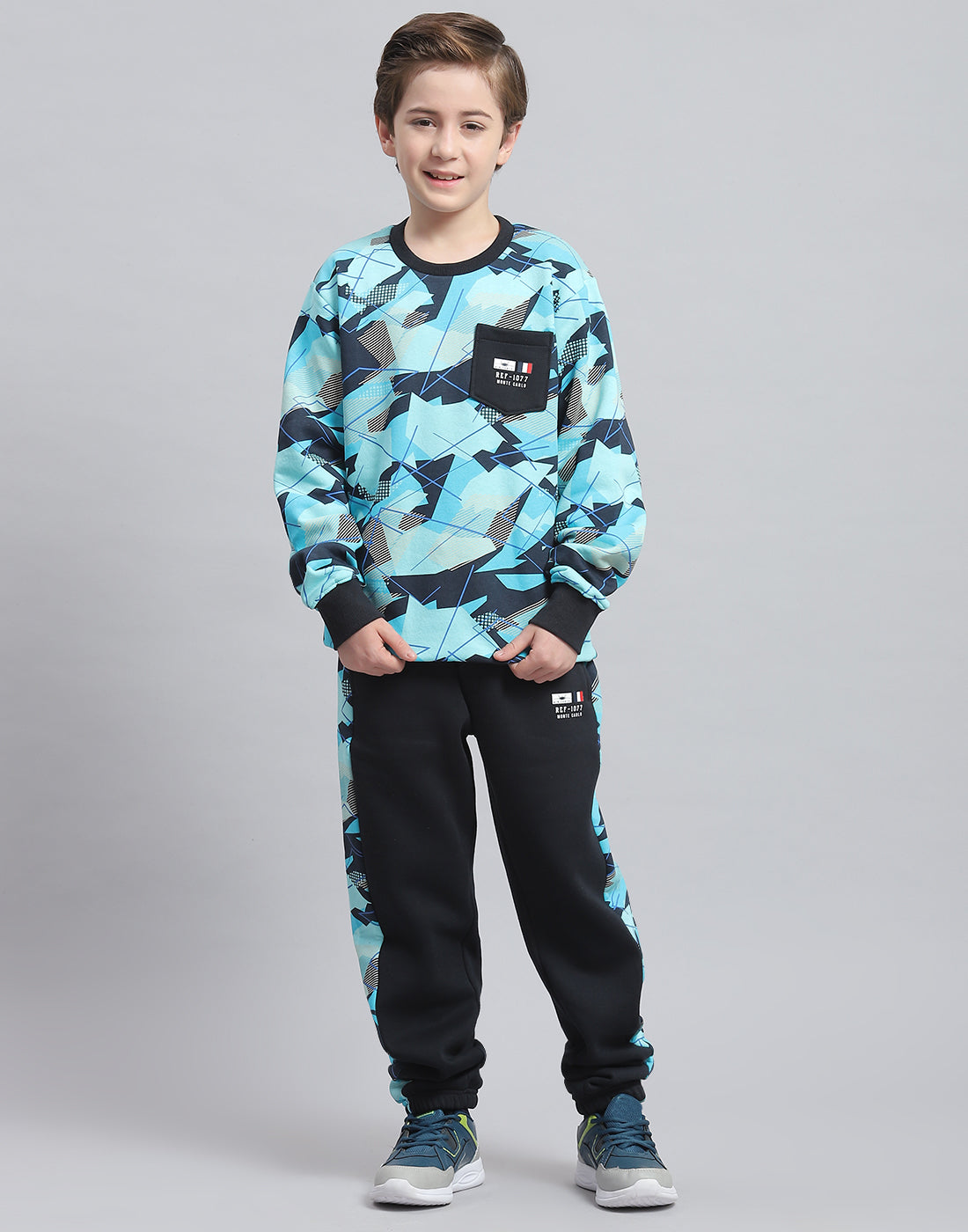 Boys Aqua Blue Printed Round Neck Full Sleeve Tracksuit