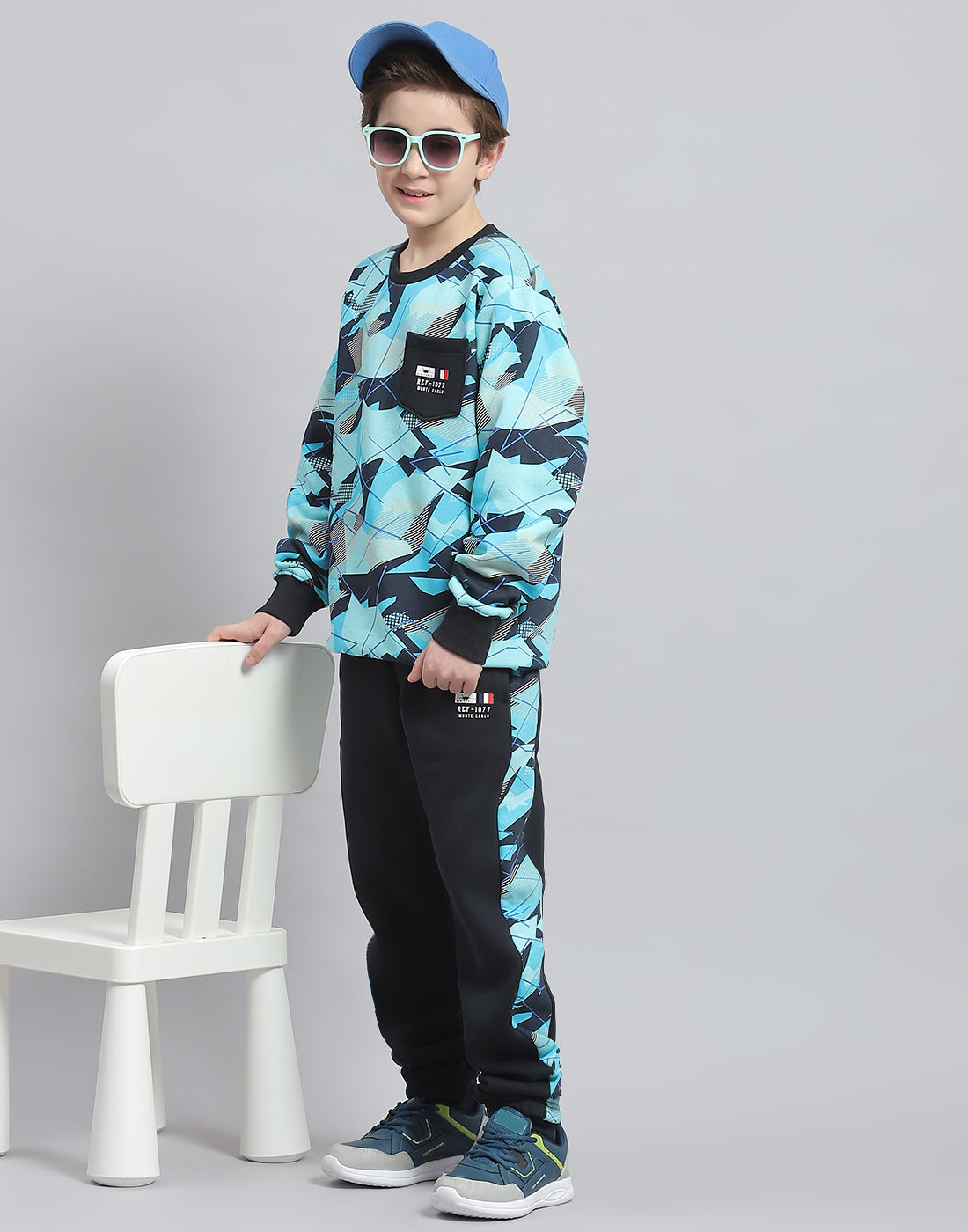 Boys Aqua Blue Printed Round Neck Full Sleeve Tracksuit