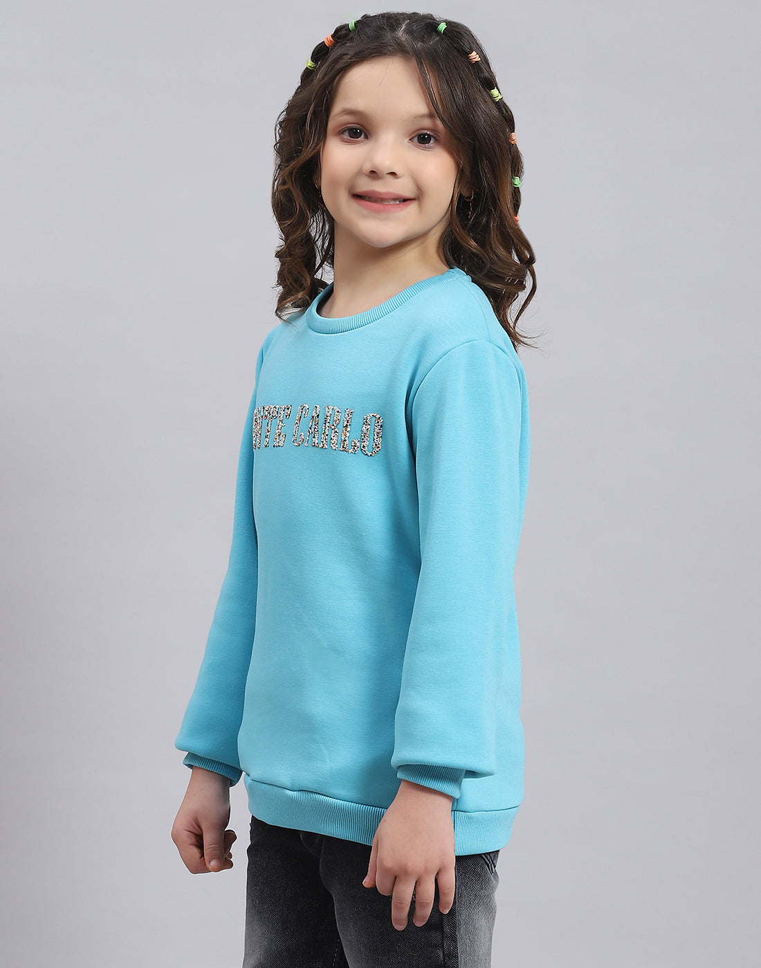 Girls Turquoise Blue Embellished Round Neck Full Sleeve Sweatshirt