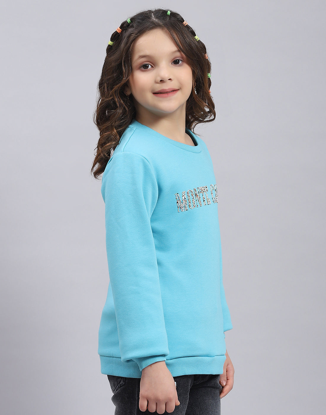 Girls Turquoise Blue Embellished Round Neck Full Sleeve Sweatshirt