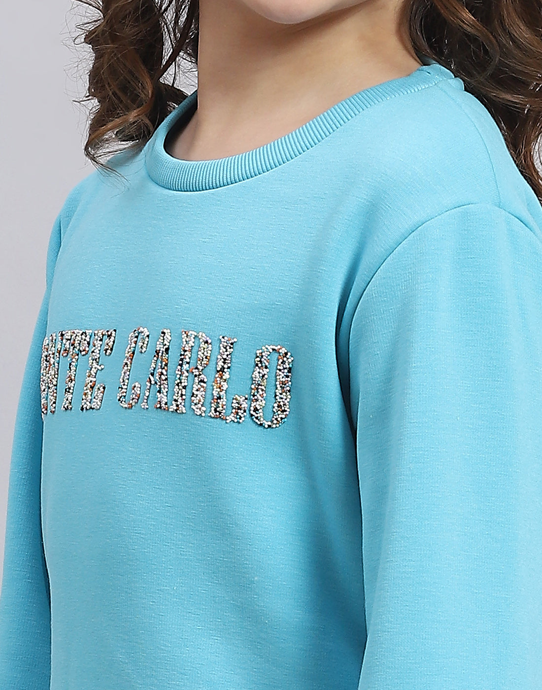 Girls Turquoise Blue Embellished Round Neck Full Sleeve Sweatshirt