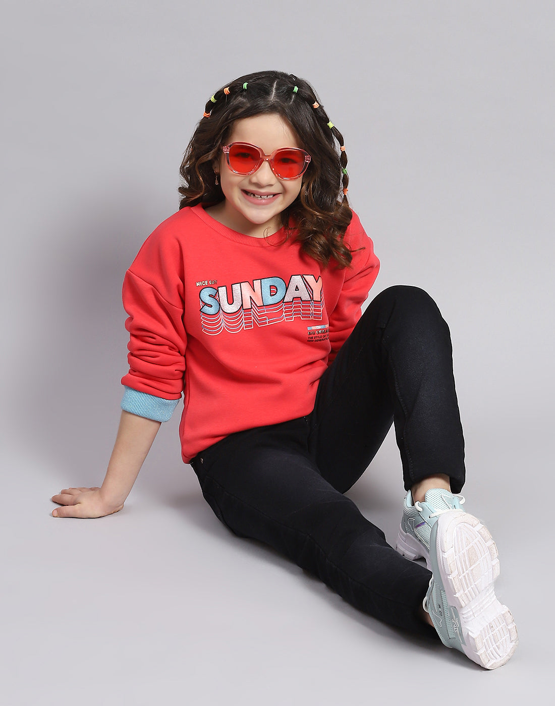 Girls Pink Printed Round Neck Full Sleeve Sweatshirt