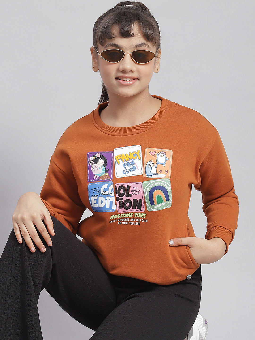 Girls Rust Printed Round Neck Full Sleeve Sweatshirt