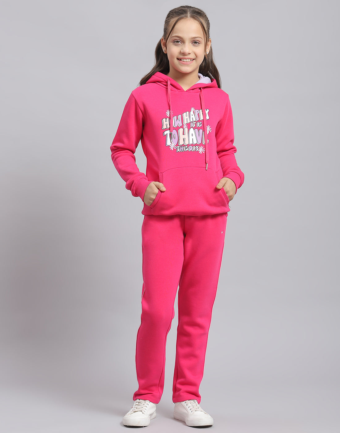 Girls Magenta Printed Hooded Full Sleeve Sweatshirt
