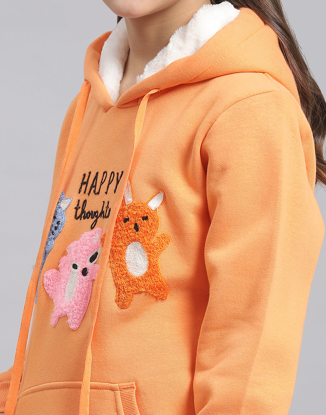 Girls Orange Embroidered Hooded Full Sleeve Sweatshirt