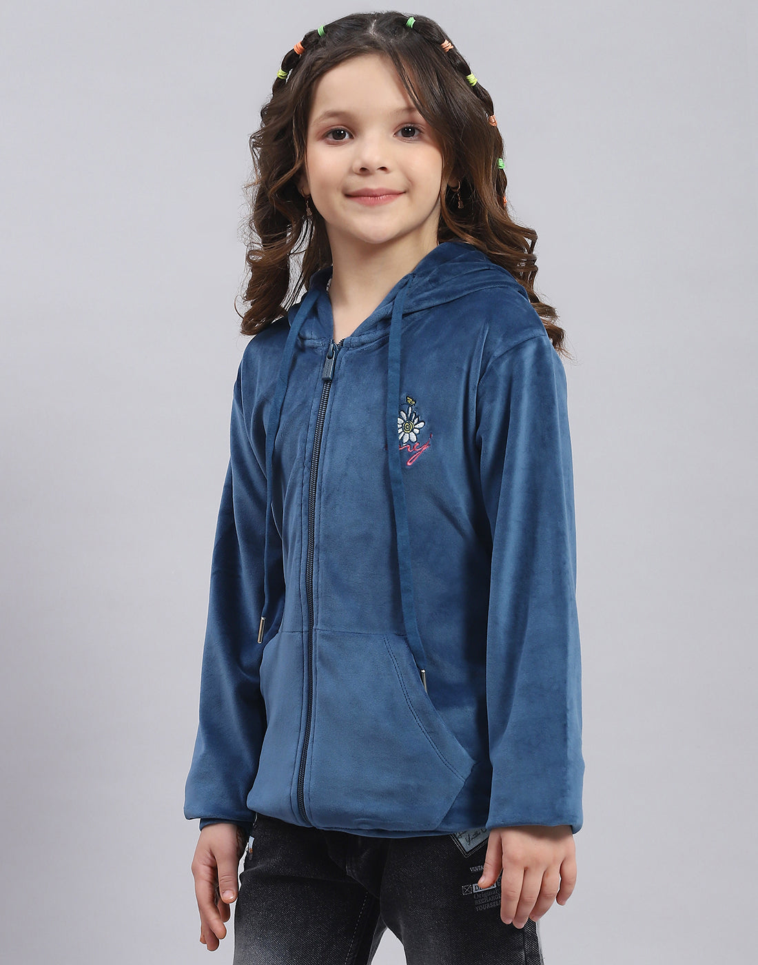 Girls Blue Solid Hooded Full Sleeve Sweatshirt