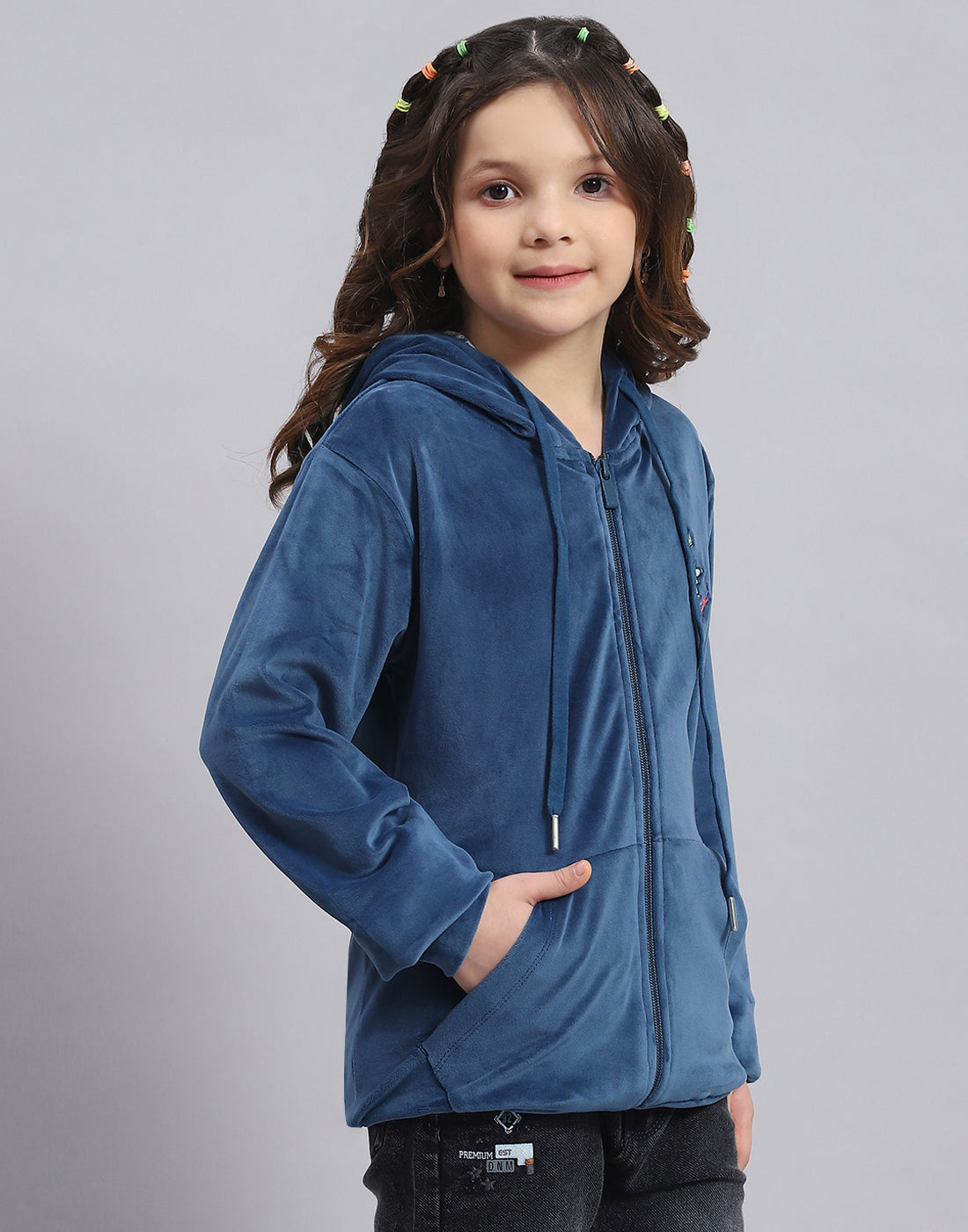 Girls Blue Solid Hooded Full Sleeve Sweatshirt
