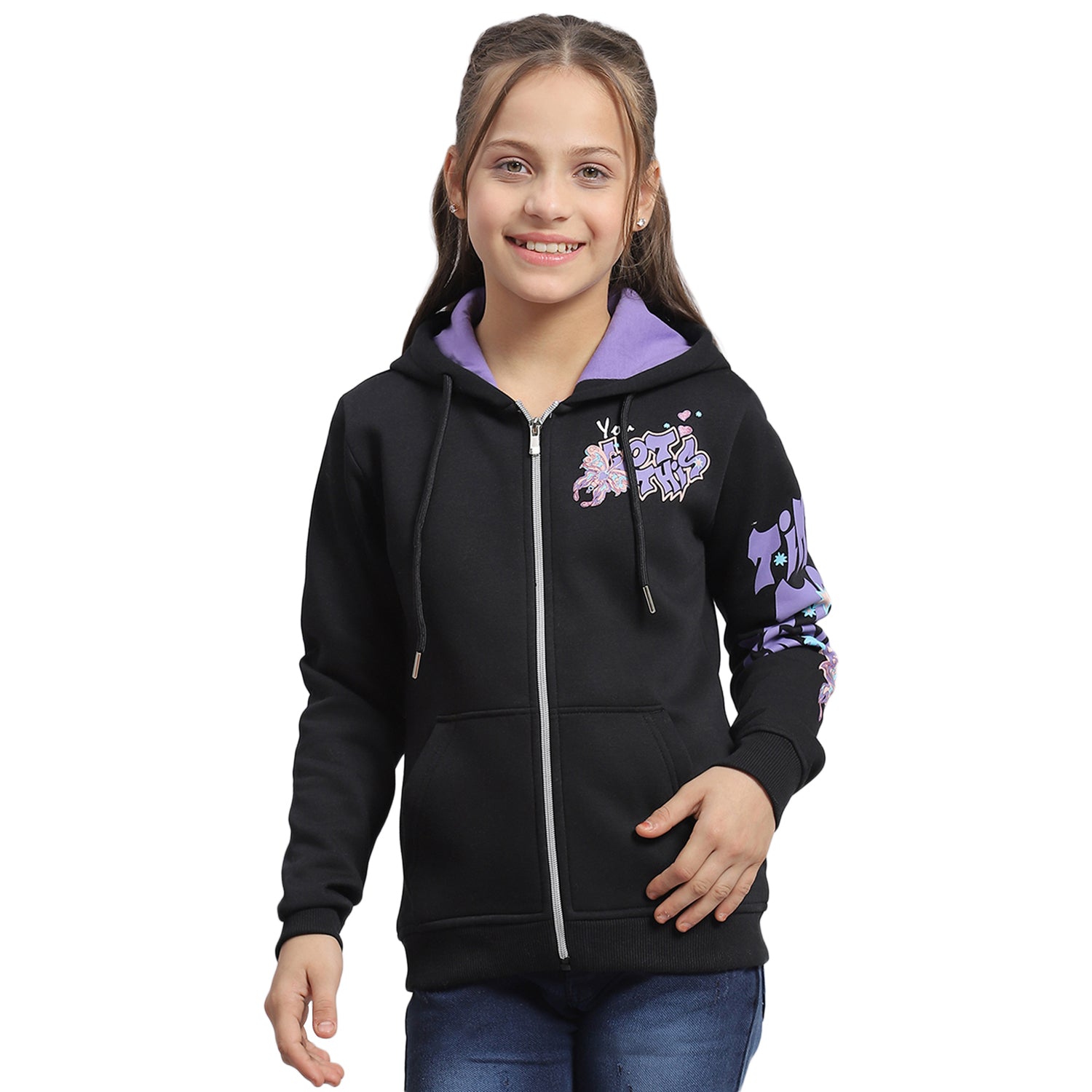 Girls Black Printed Hooded Full Sleeve Sweatshirt