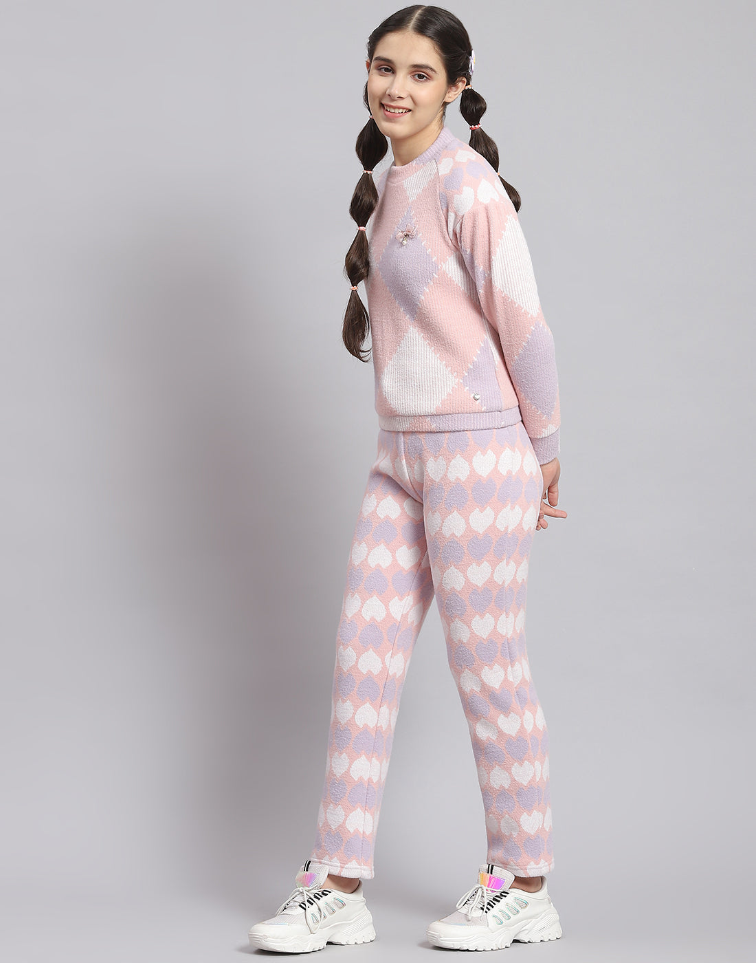 Girls Peach Self Design T Neck Full Sleeve Cords Set