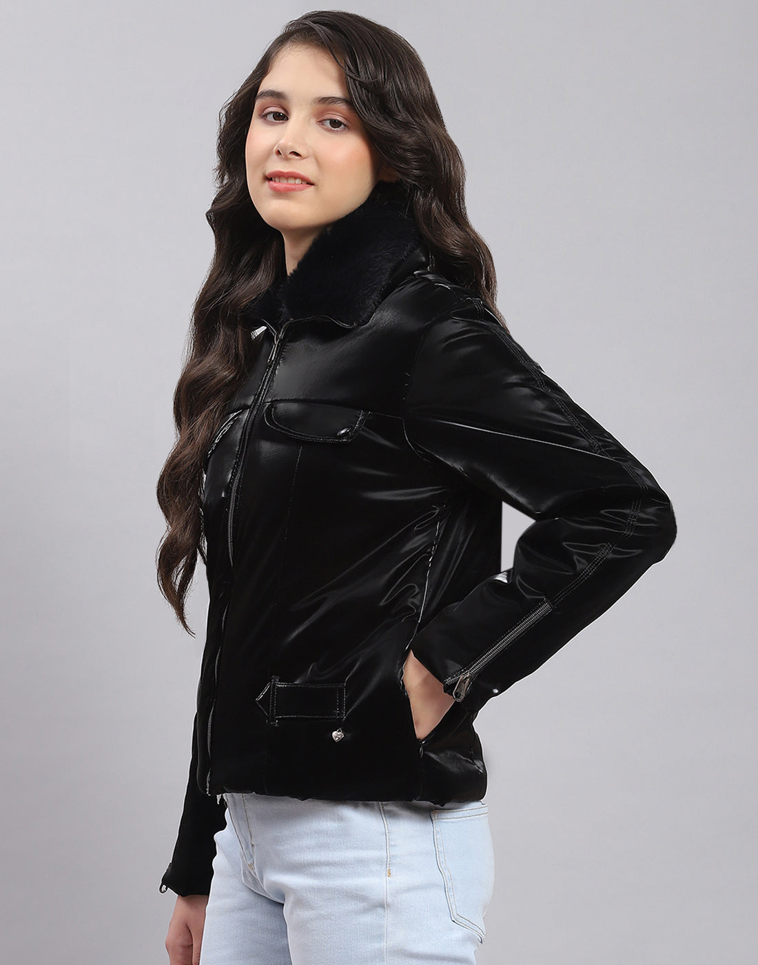 Girls Black Solid Collar Full Sleeve Girls Jacket