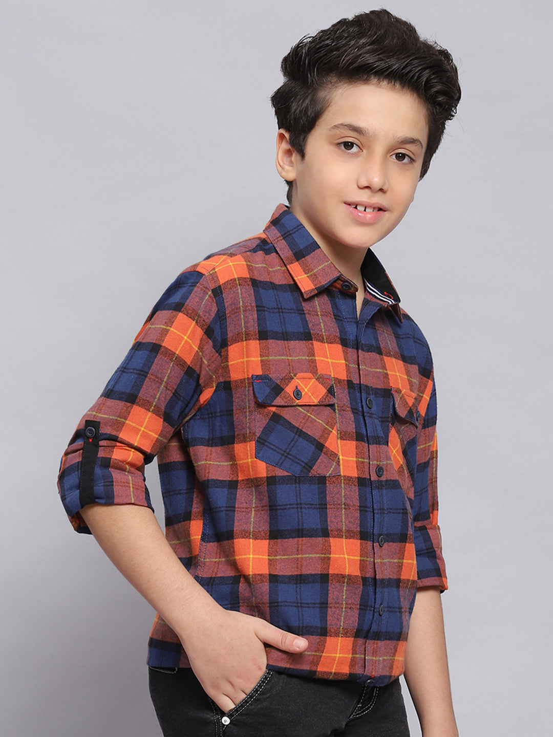 Boys Rust Check Spread Collar Full Sleeve Shirts
