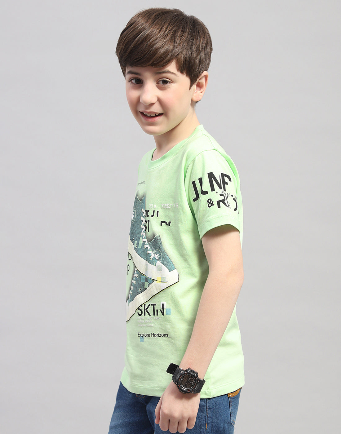 Boys Green Printed Round Neck Half Sleeve T-Shirt