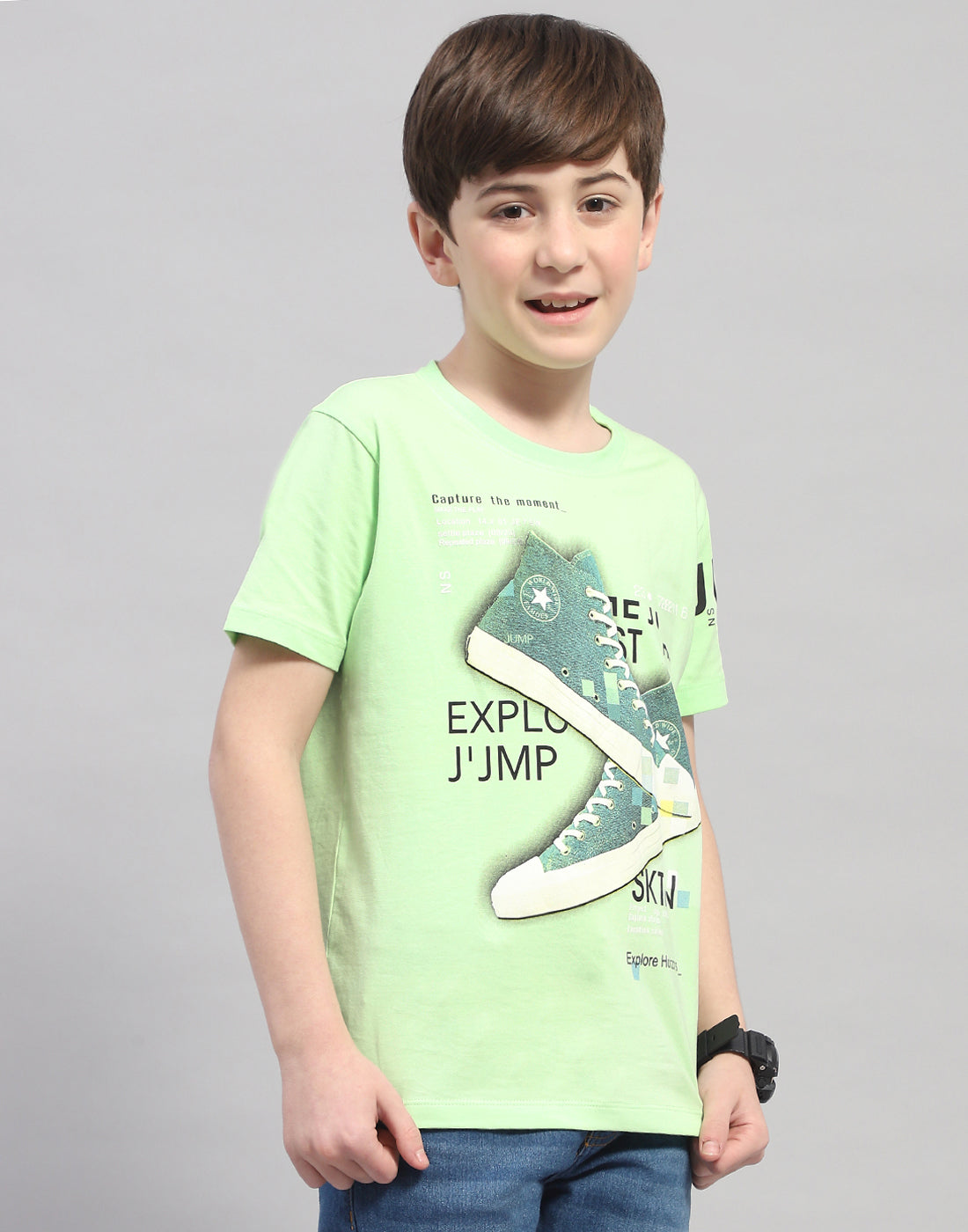 Boys Green Printed Round Neck Half Sleeve T-Shirt