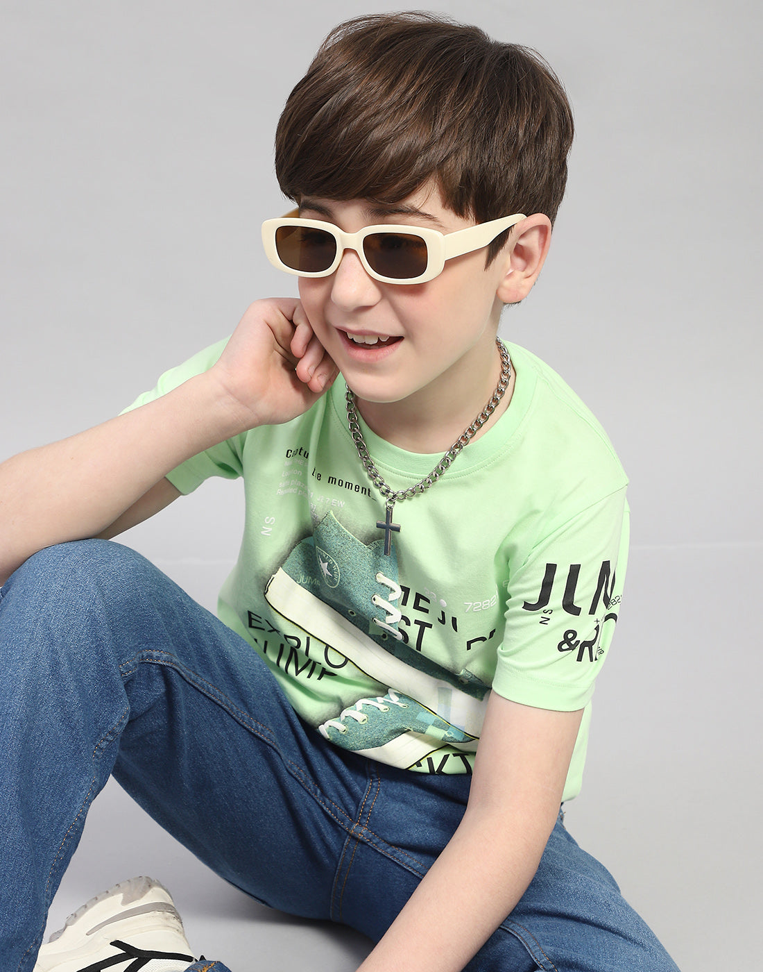Boys Green Printed Round Neck Half Sleeve T-Shirt