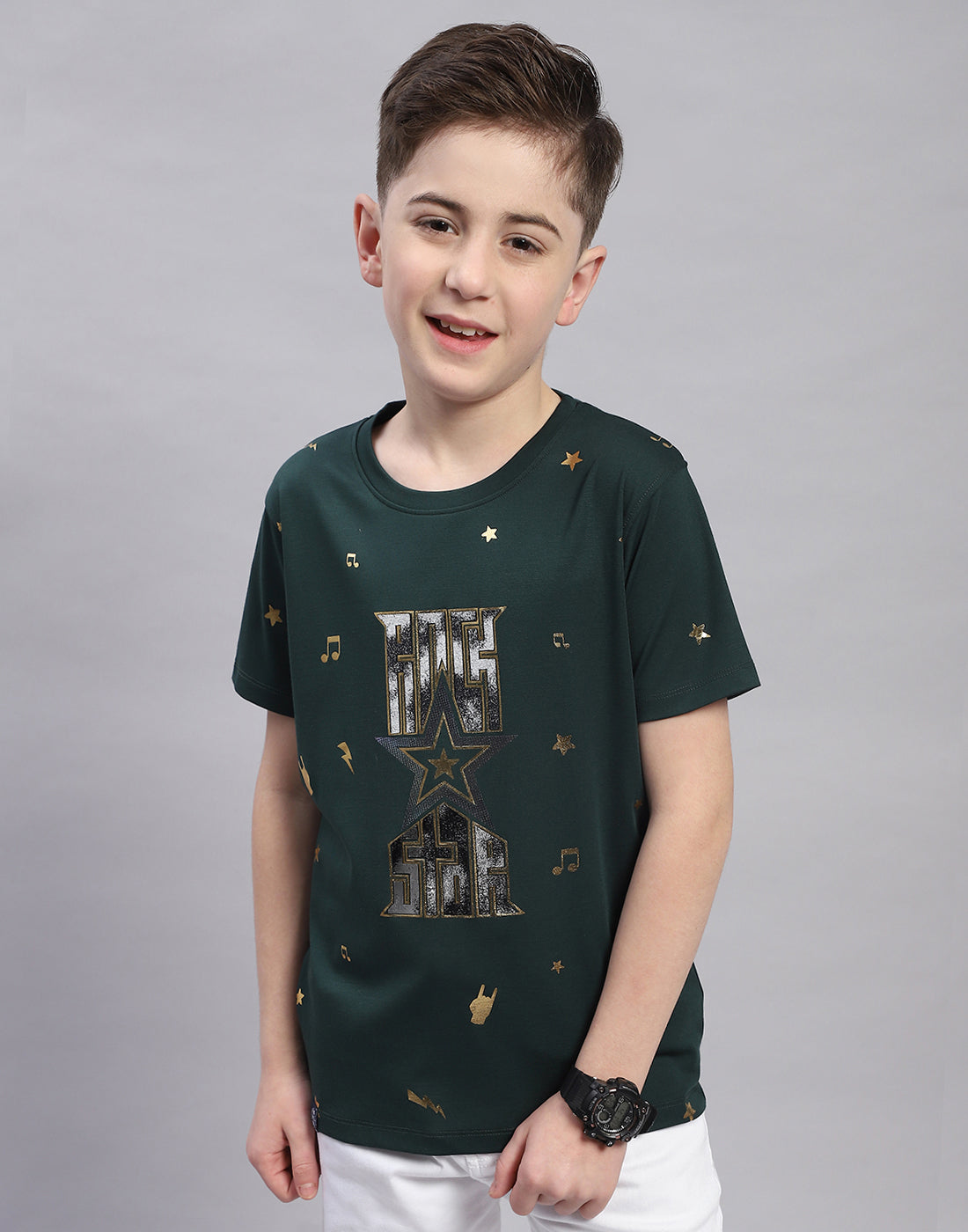 Boys Green Printed Round Neck Half Sleeve T-Shirt