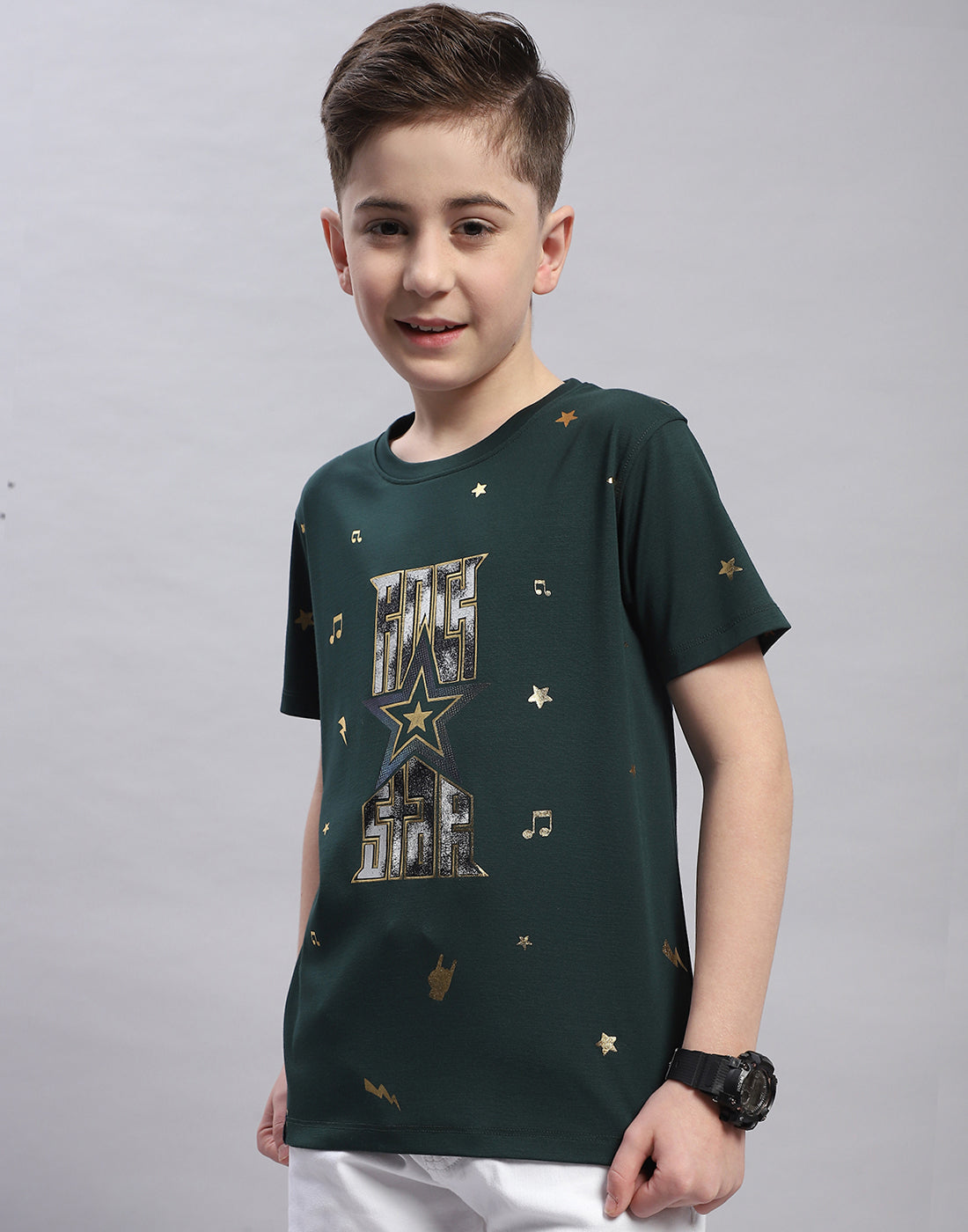 Boys Green Printed Round Neck Half Sleeve T-Shirt