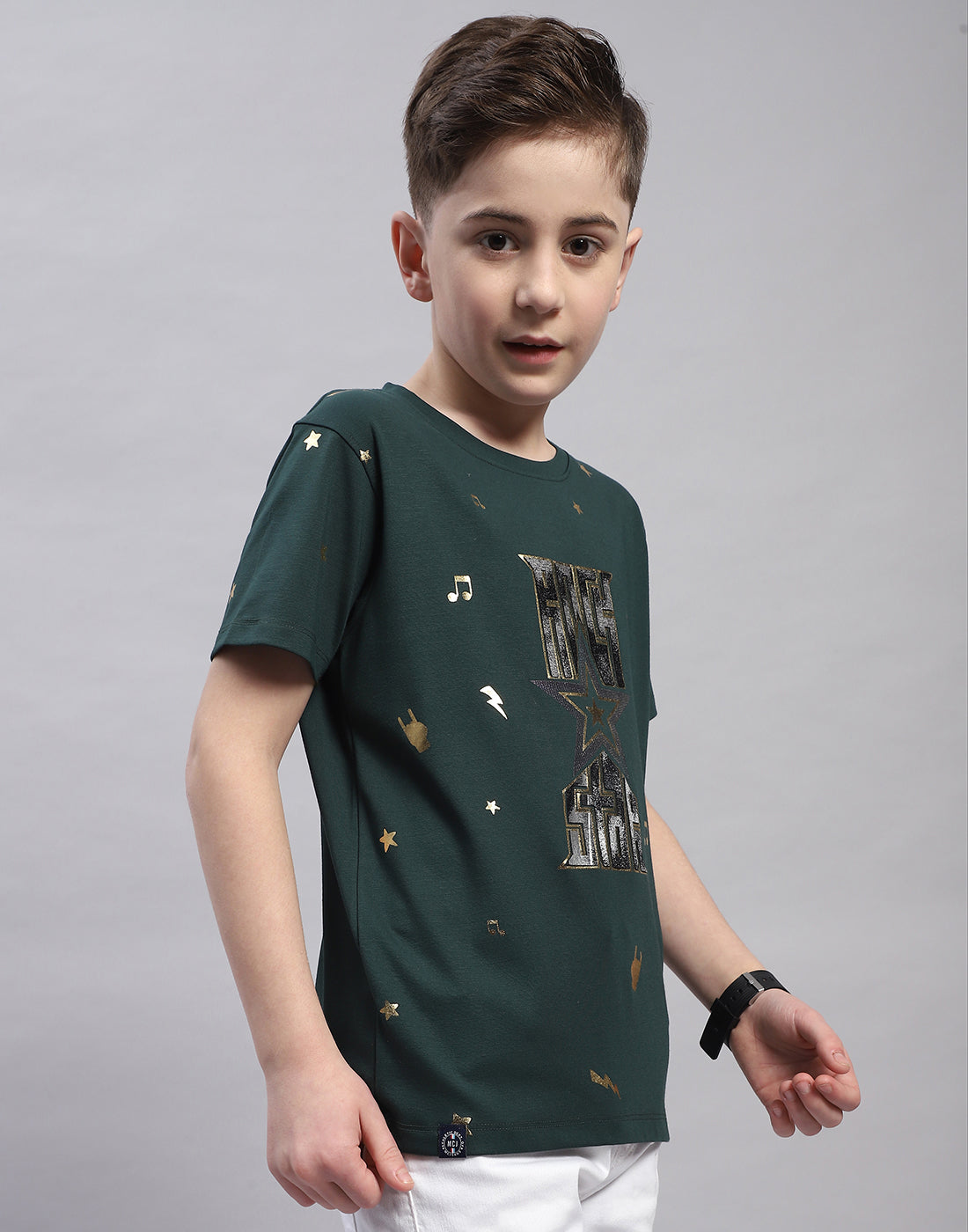 Boys Green Printed Round Neck Half Sleeve T-Shirt