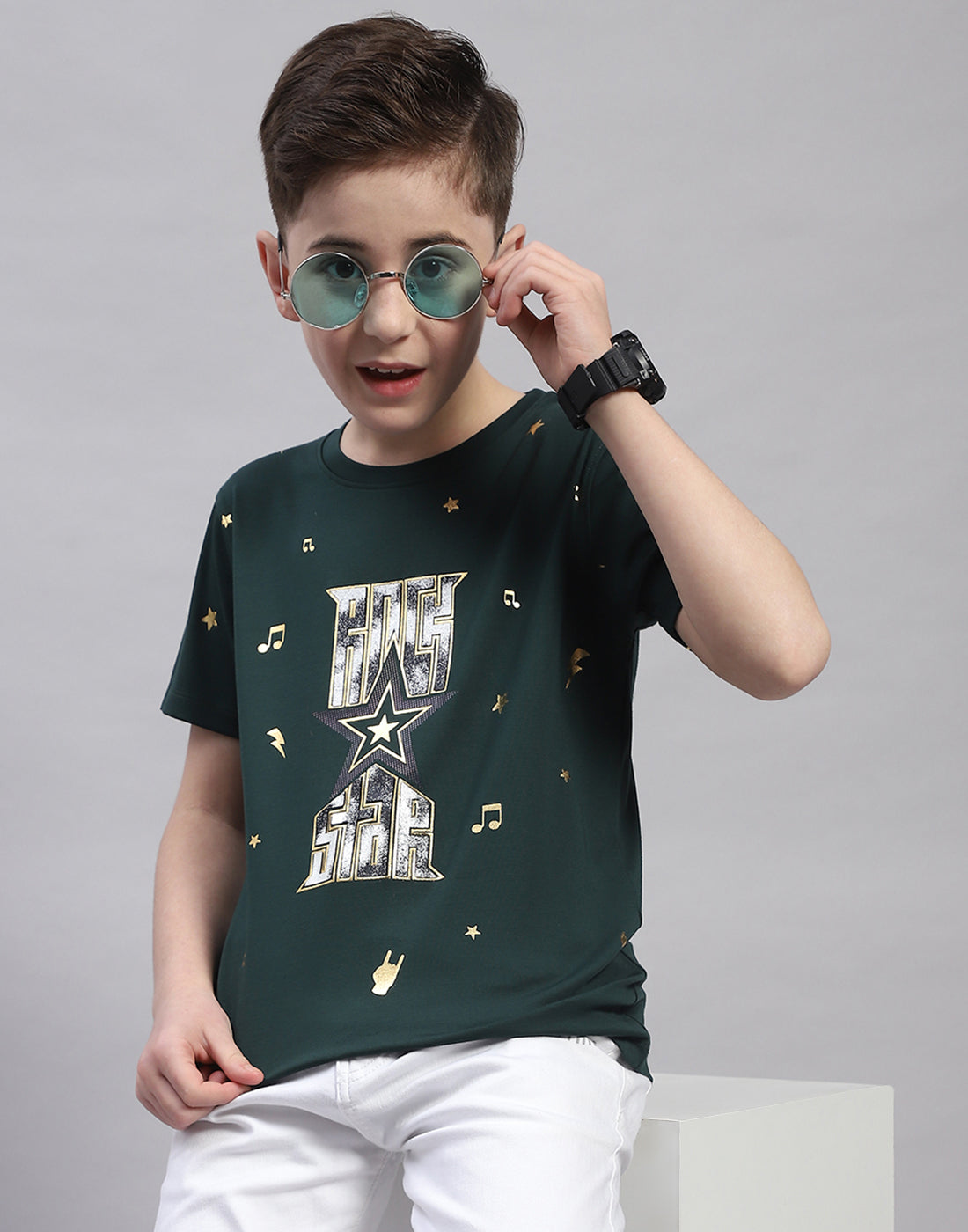 Boys Green Printed Round Neck Half Sleeve T-Shirt