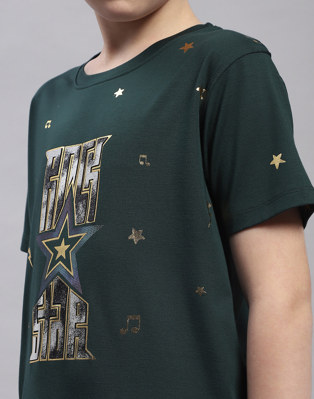 Boys Green Printed Round Neck Half Sleeve T-Shirt
