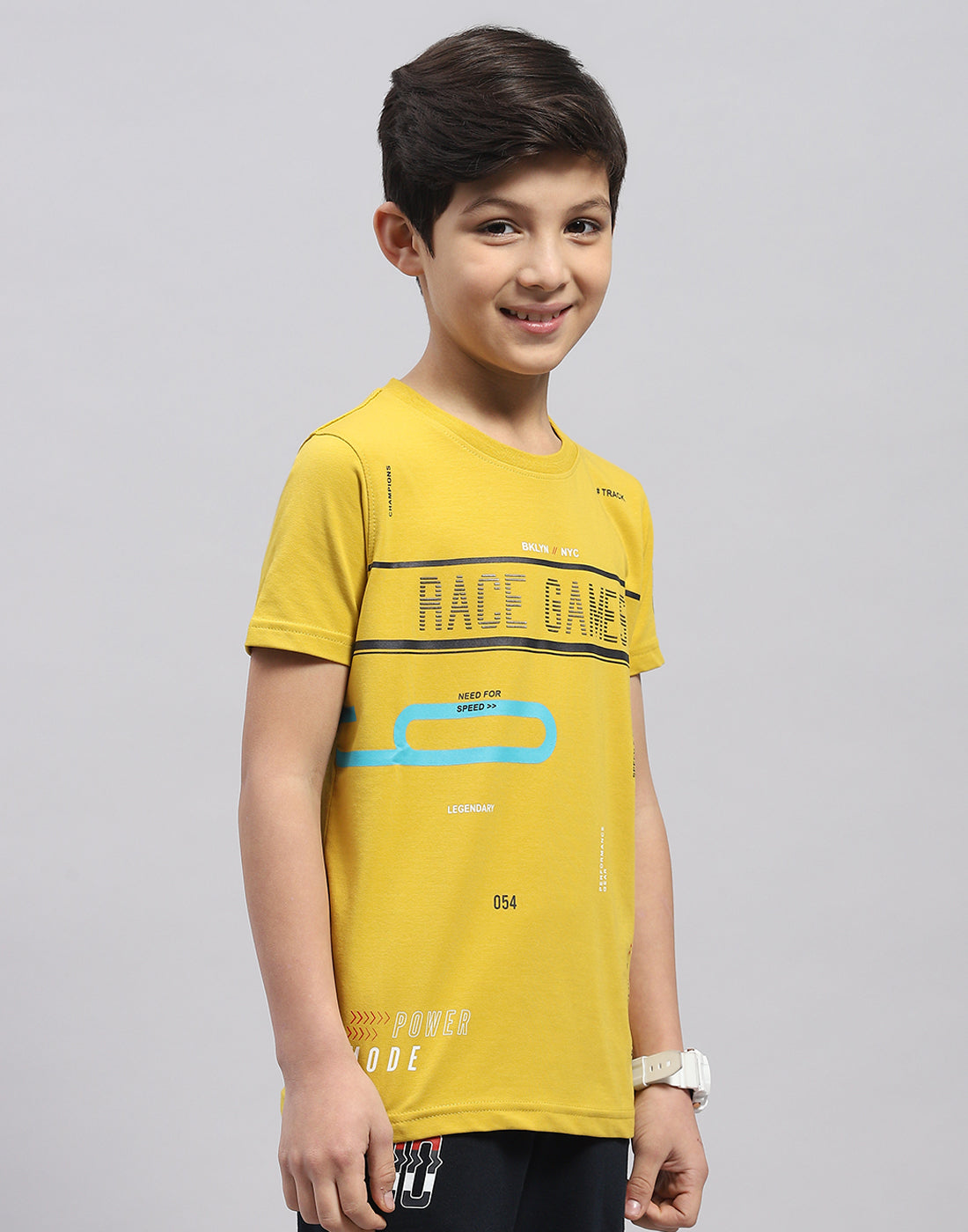 Boys Yellow Printed Round Neck Half Sleeve T-Shirt