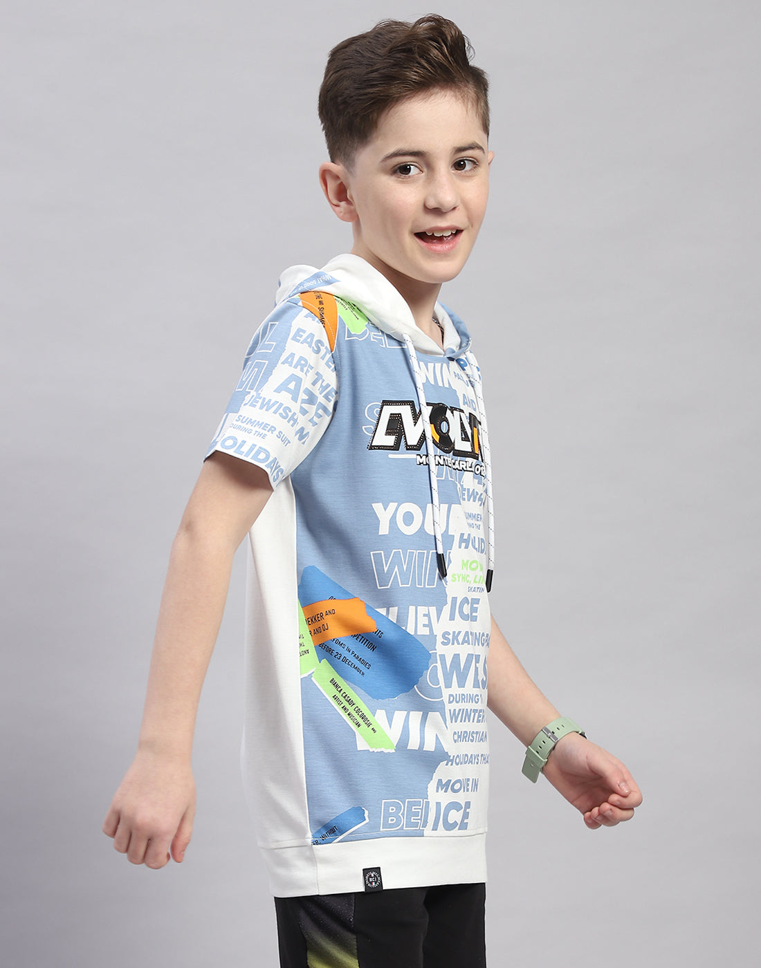 Boys Off White Printed Hooded Half Sleeve T-Shirt