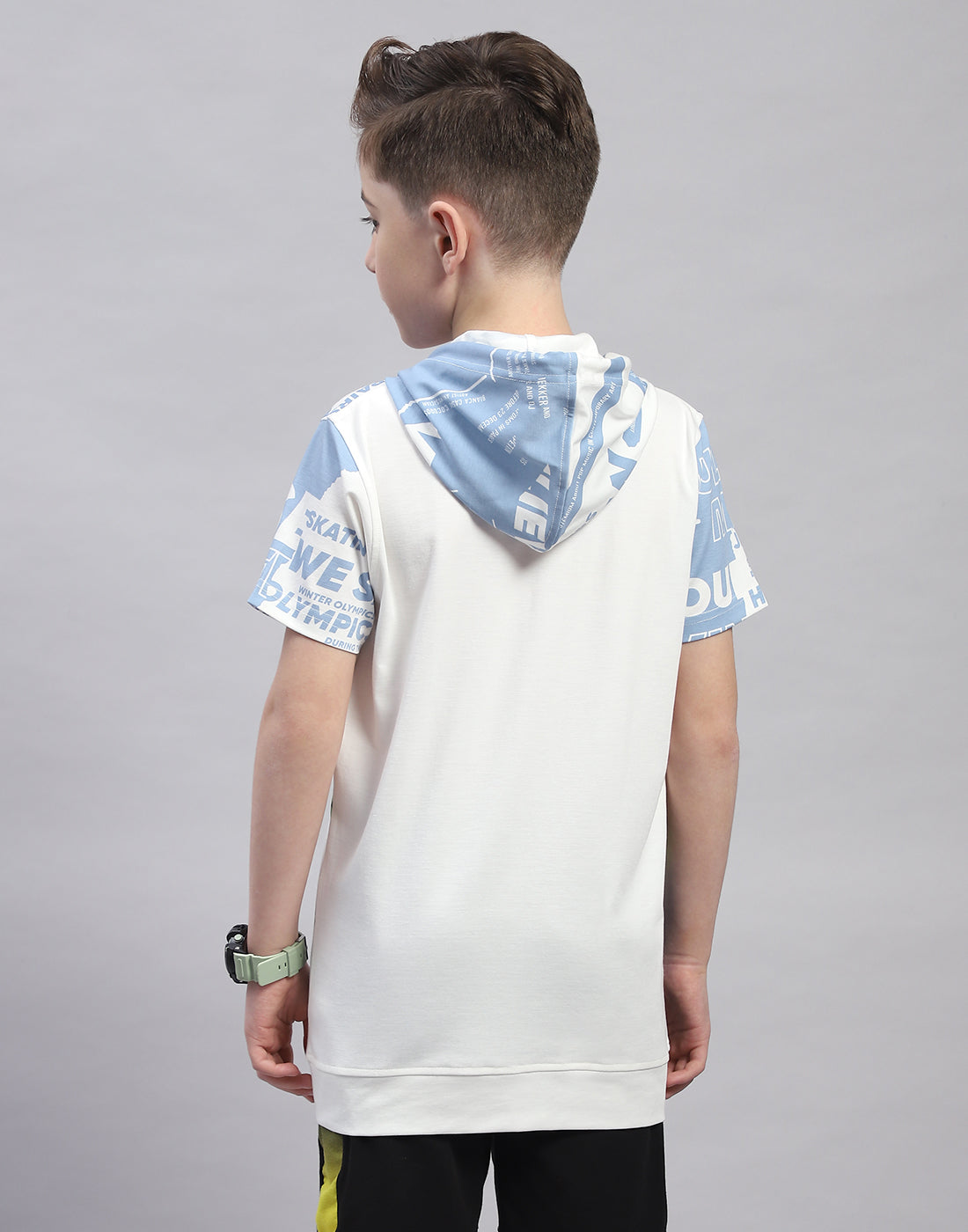 Boys Off White Printed Hooded Half Sleeve T-Shirt