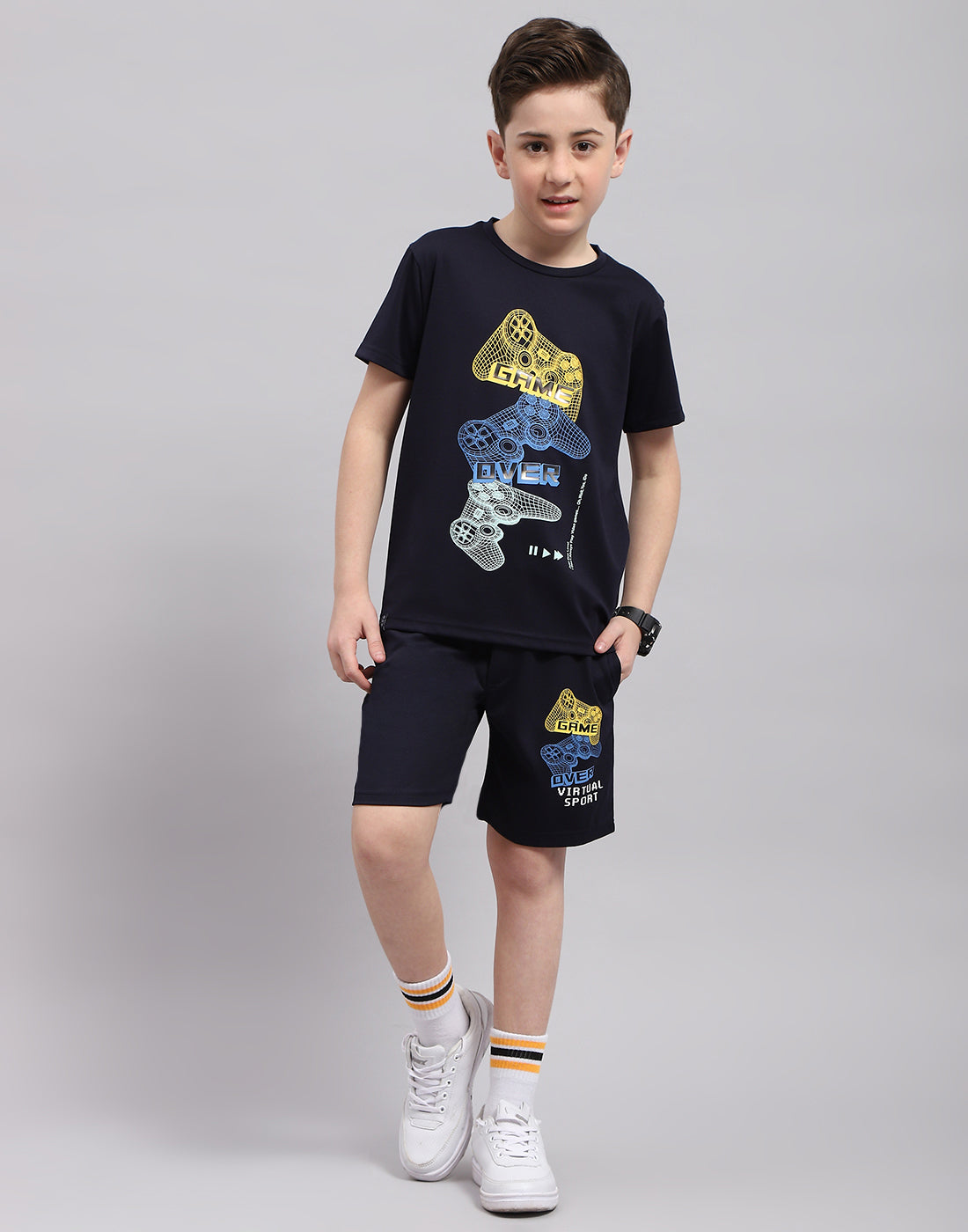 Boys Navy Blue Printed Round Neck Half Sleeve Bermuda Set