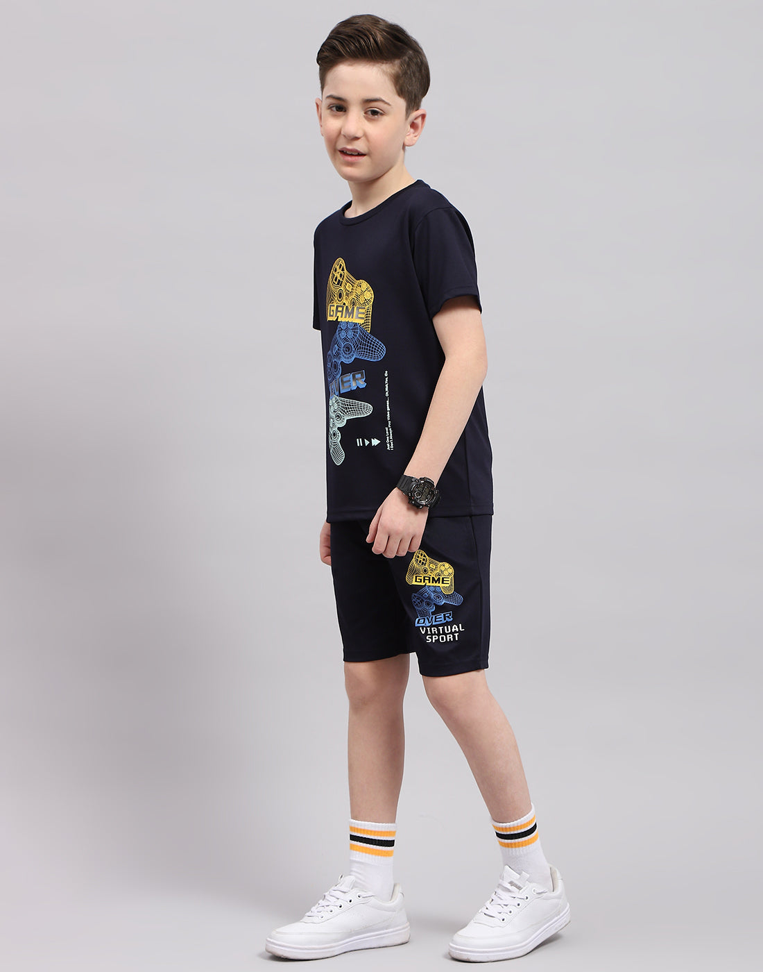 Boys Navy Blue Printed Round Neck Half Sleeve Bermuda Set