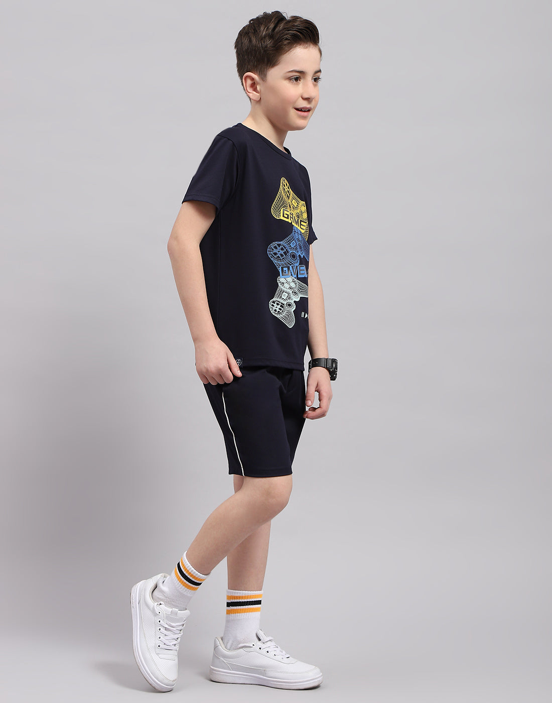 Boys Navy Blue Printed Round Neck Half Sleeve Bermuda Set