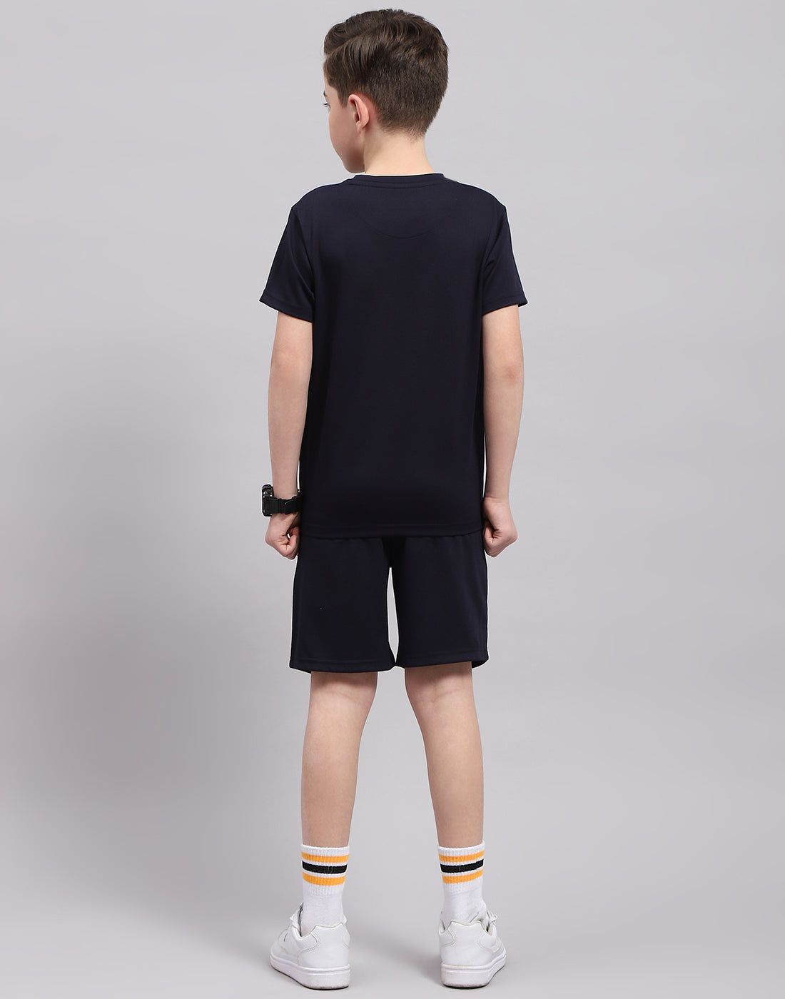 Boys Navy Blue Printed Round Neck Half Sleeve Bermuda Set