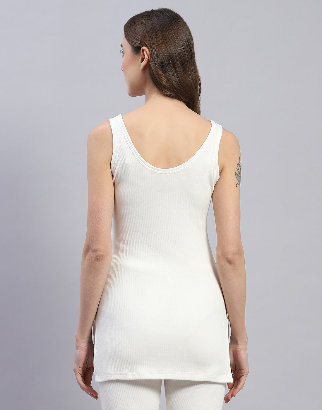 Women Off White Solid Round Neck Sleeveless Thermal Vest