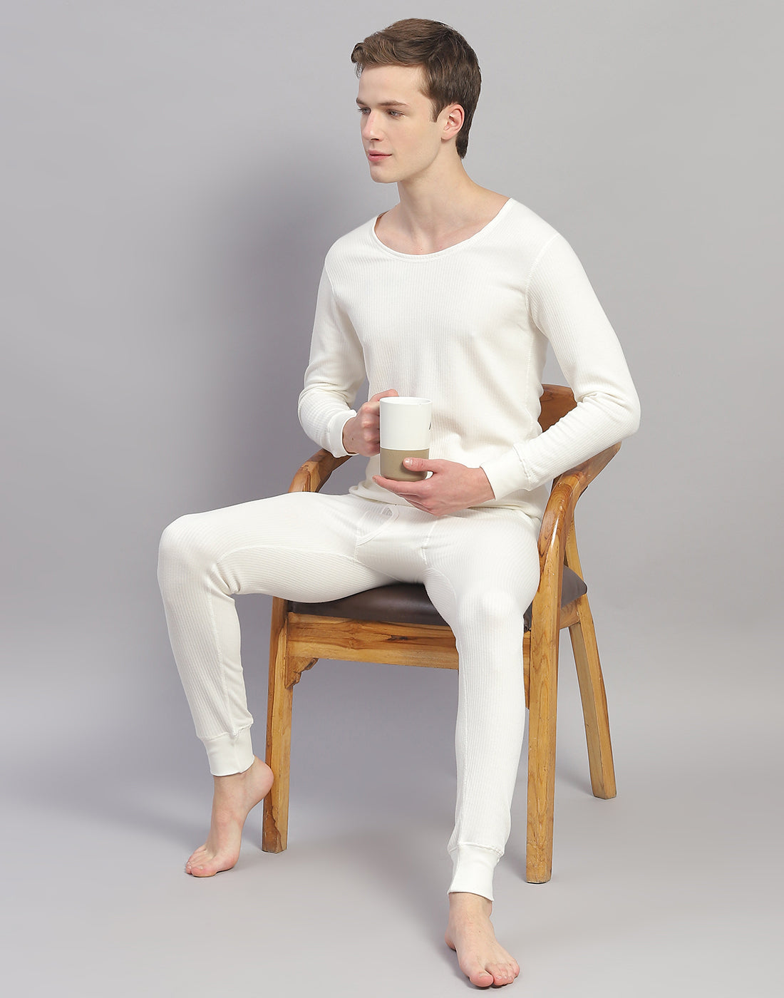 Men Off White Solid Thermal Lower