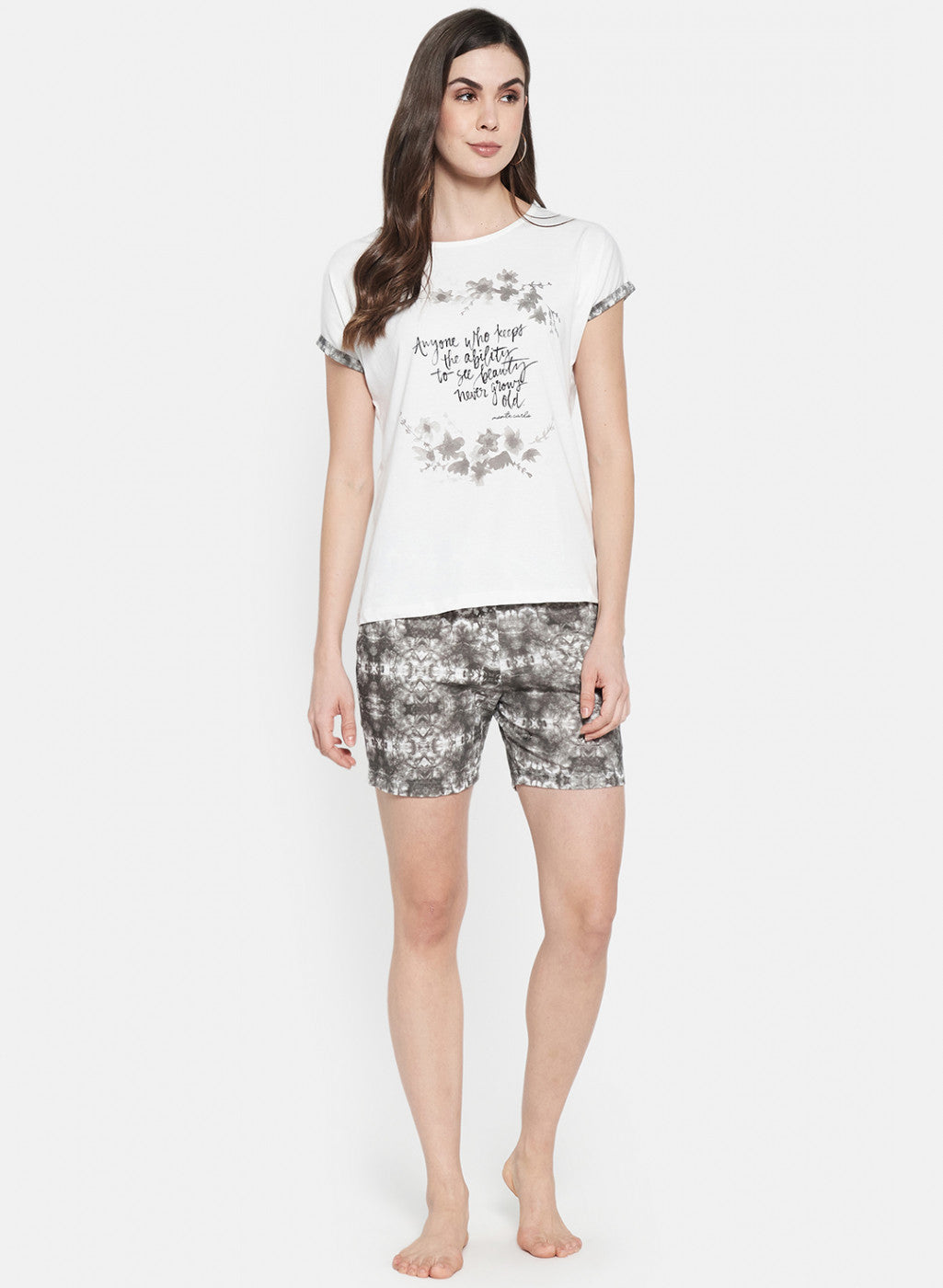 Womens Off White & Black Printed Short Set
